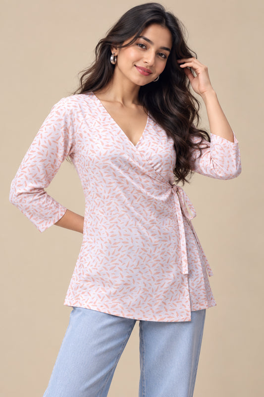 Peach Printed Angrakha Kurti for Women