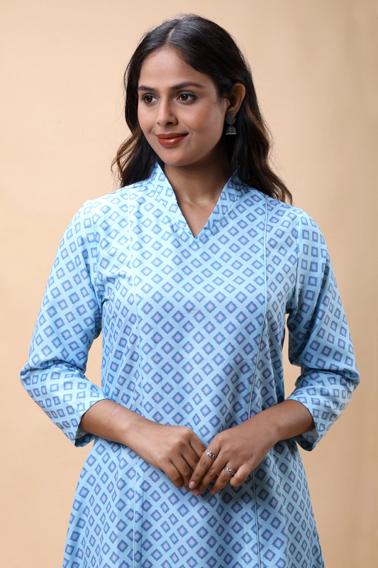 Shop All There Aqua Blue A Line Printed Long Kurta For Women-1