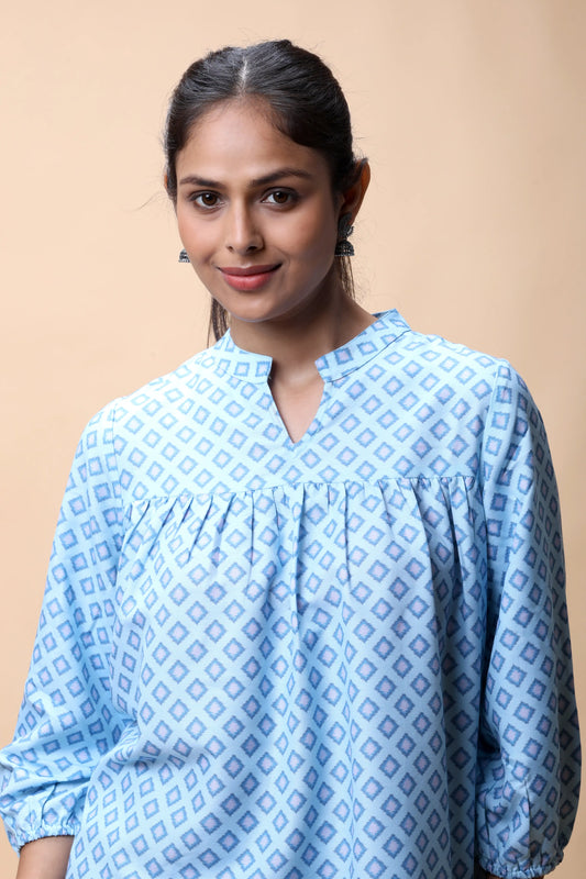 Shop Aqua Blue Empire Line Printed Short Kurti For Women online at allthere.in