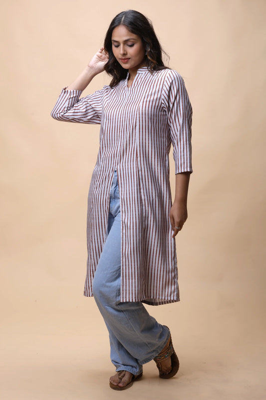 Shop Brown Printed Front Slit Long Kurta For Women online at allthere.in