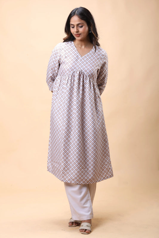 Shop Light Brown Empire Line Printed Women Long Kurta Set online at allthere.in
