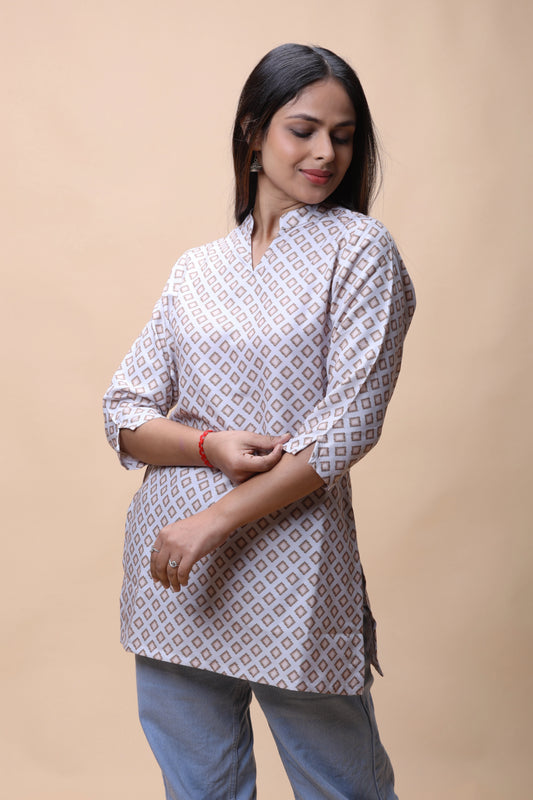 Shop All There Light Brown Printed Short Kurti With Stand Collar For Women