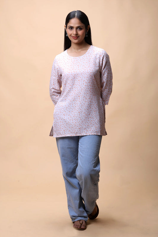 shop Peach Printed Basic Scoop Neck Short Kurti For Women online at allthere.in