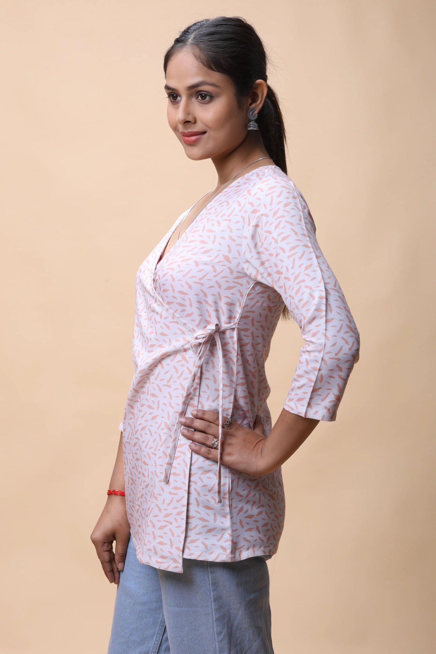 Shop All There Peach Wrap Around Printed Short Kurti For Women at allthere.in