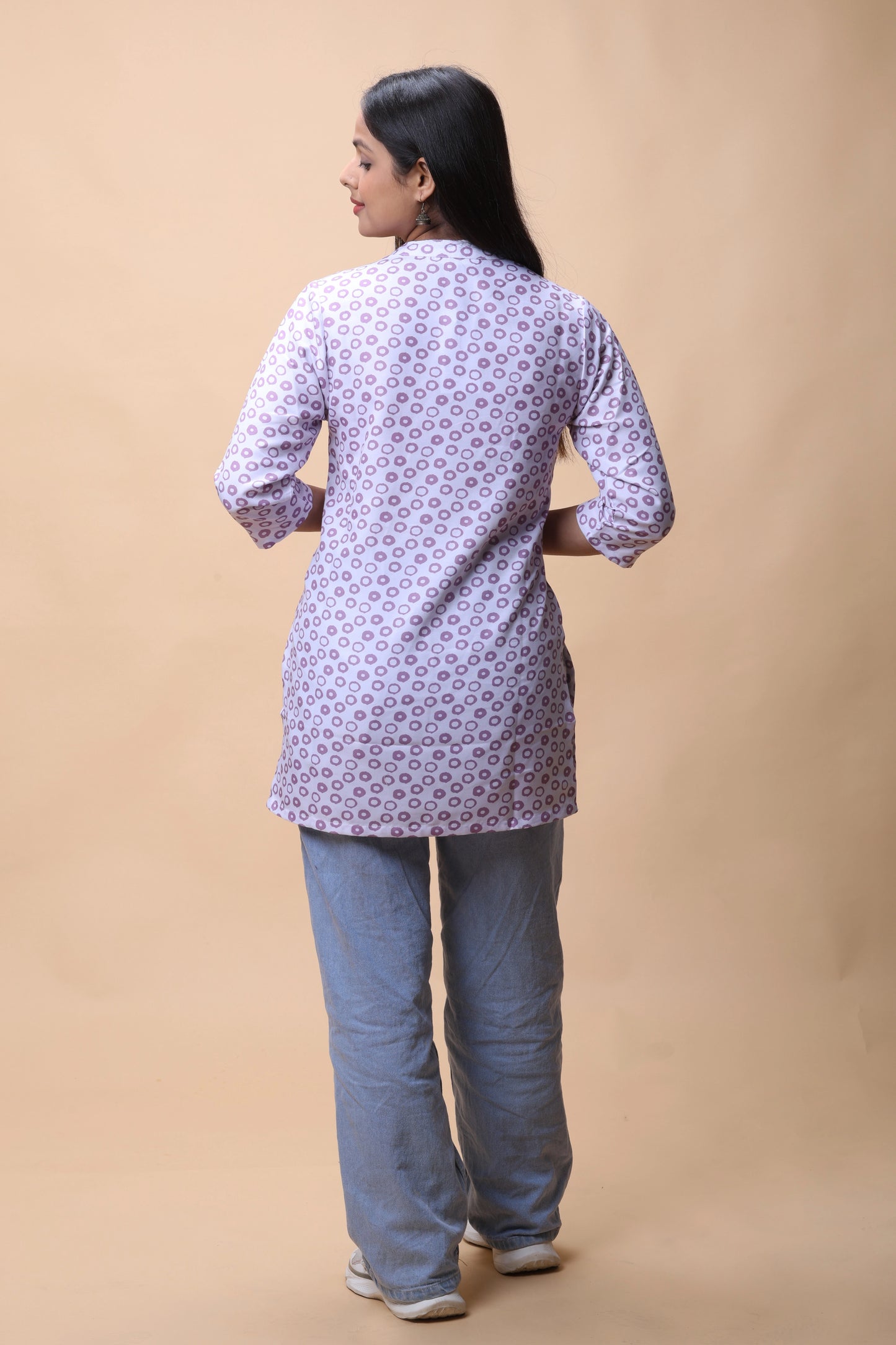Shop All There Purple Printed Short Kurti With Stand Collar For Women at allthere.in