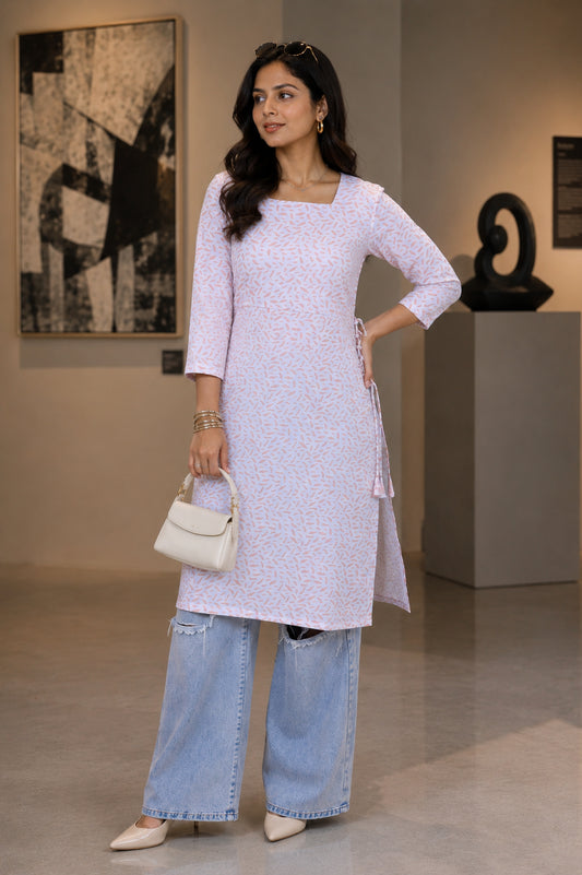 Peach Printed Long Kurta With Drawstrings For Women