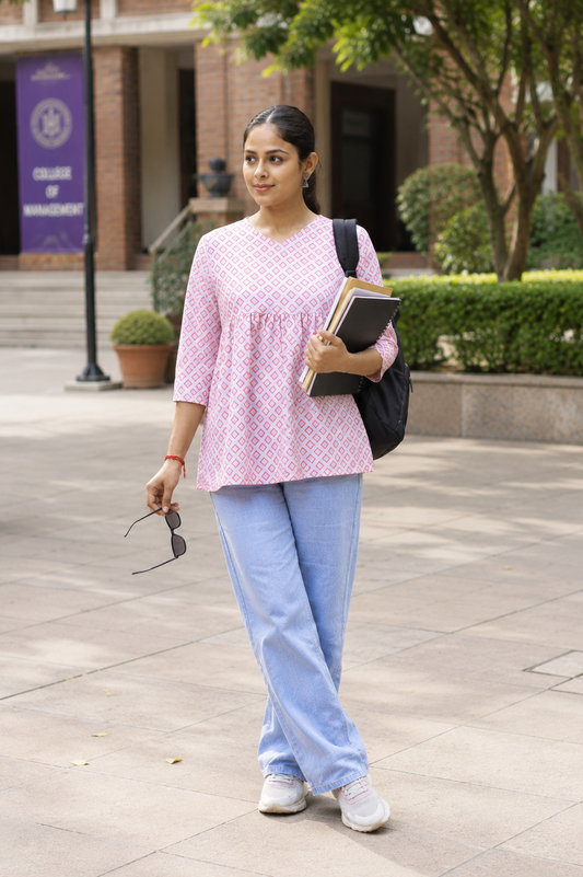 Pink Ikkat Print Peplum Short Kurti For Women