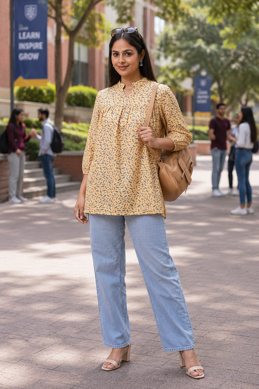 Yellow Empire Line Printed Short Kurti For Women