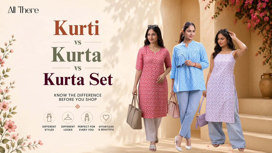 Women's fashion guide showing the difference between a kurti, kurta, and kurta set from All There