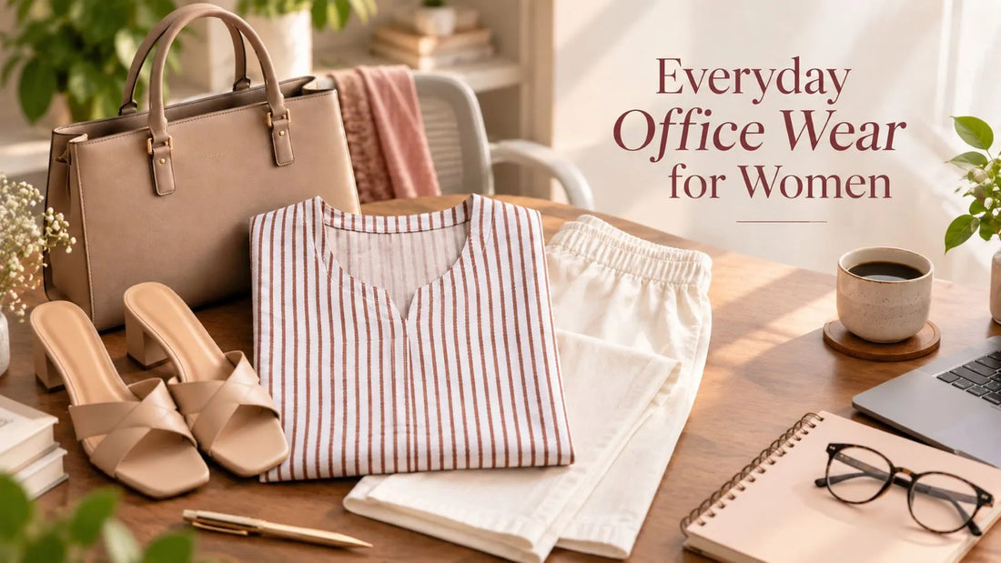 Everyday office wear for women featuring a pink printed kurta set and beige trousers