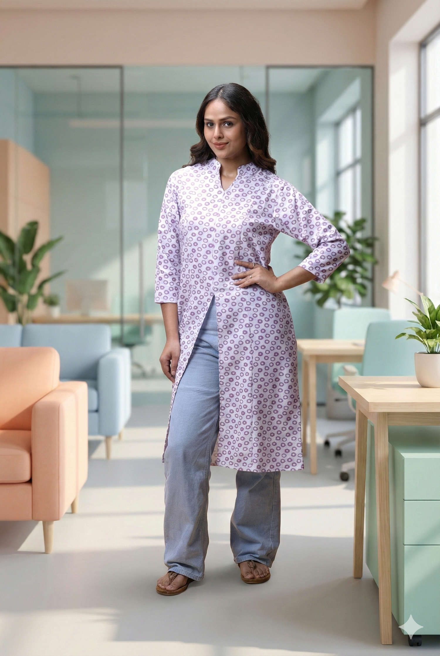 Purple printed short kurti with stand collar for woman, casual office wear with jeans