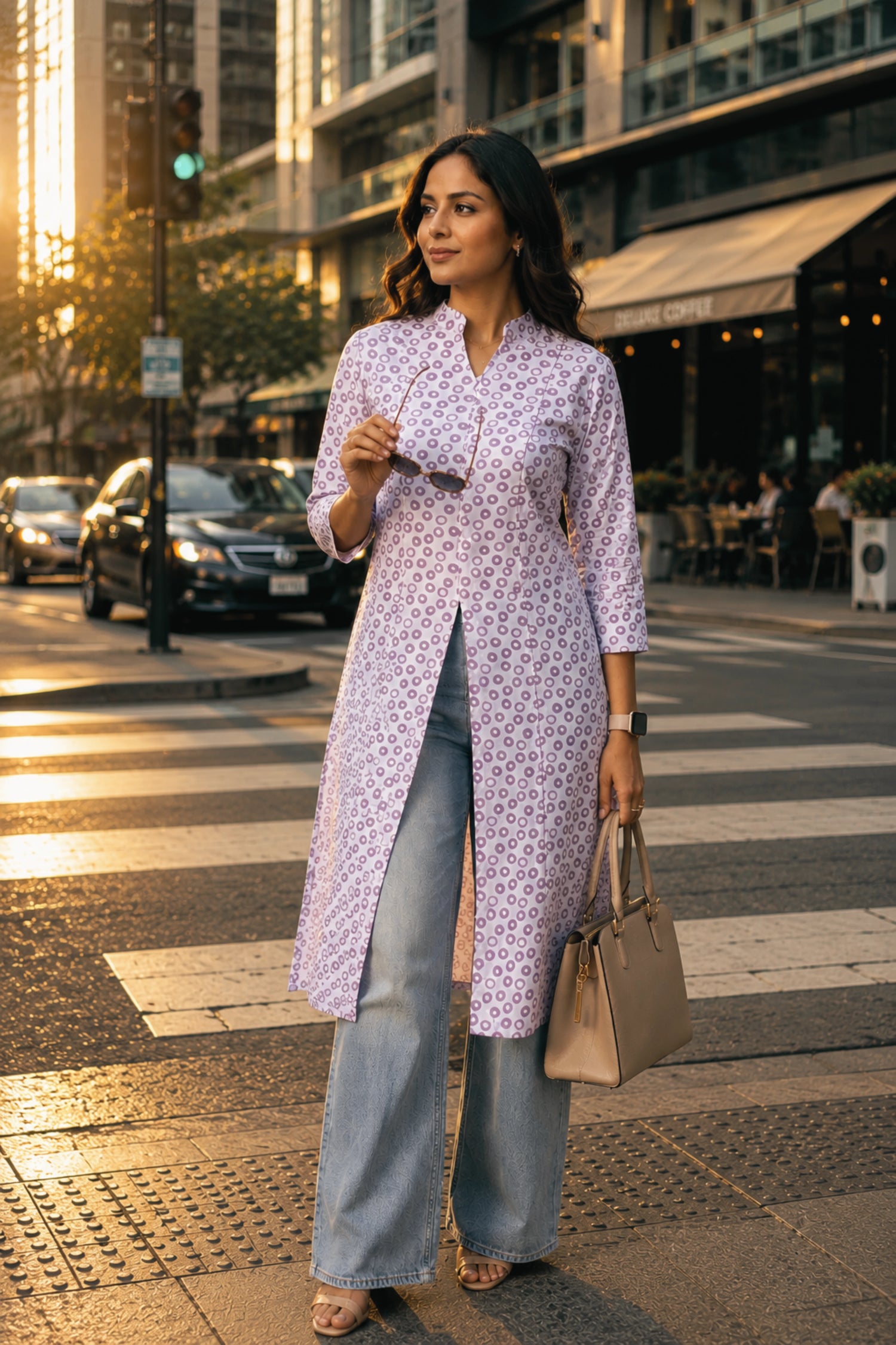 Purple Printed Front Slit Pocket Kurta for Women