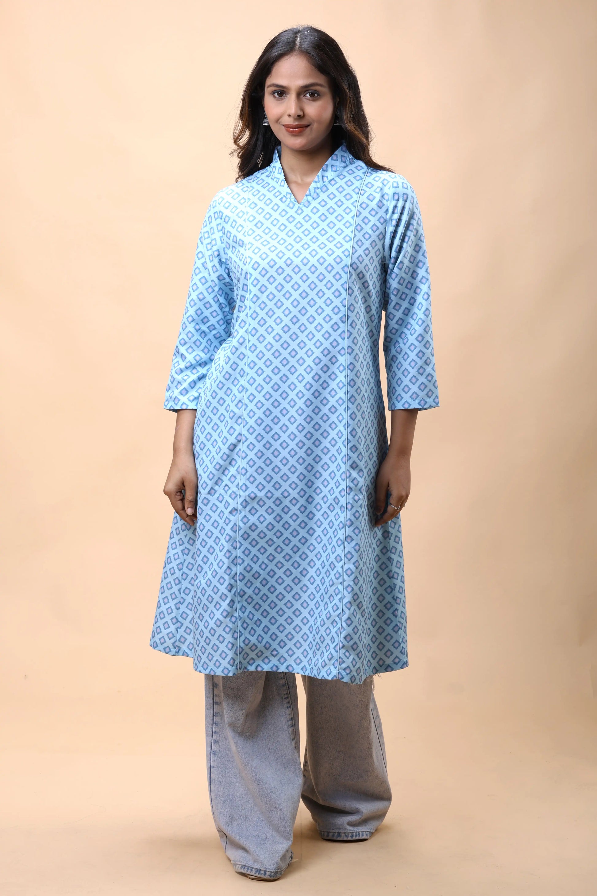 Shop All There Aqua Blue A Line Printed Long Kurta For Women