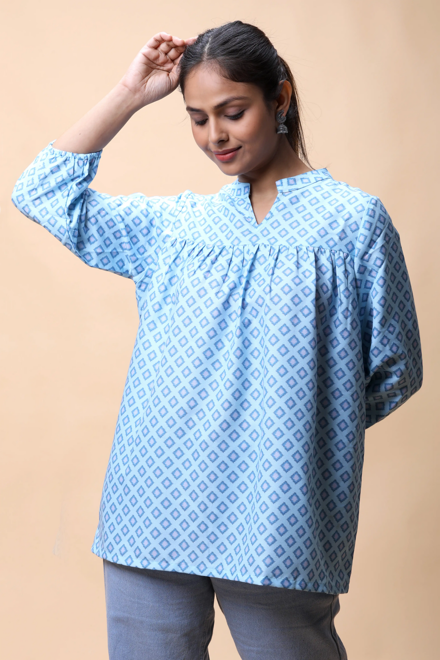 Shop Aqua Blue Empire Line Printed Short Kurti For Women online at allthere.in