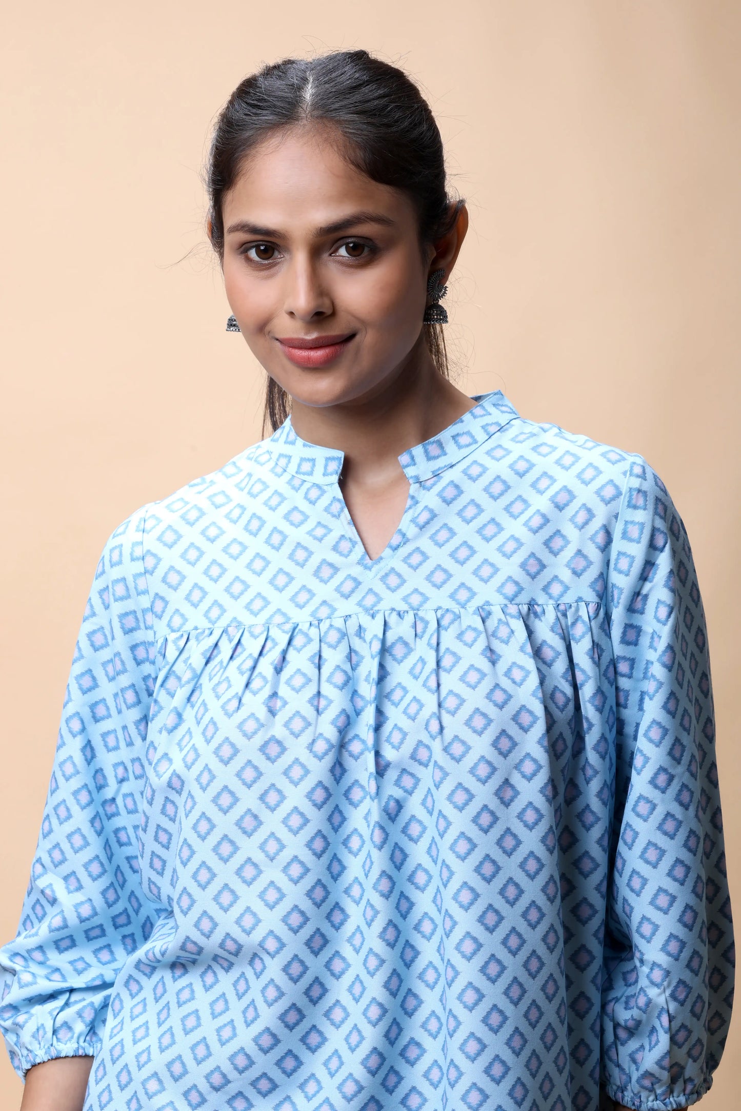 Shop Aqua Blue Empire Line Printed Short Kurti For Women online at allthere.in