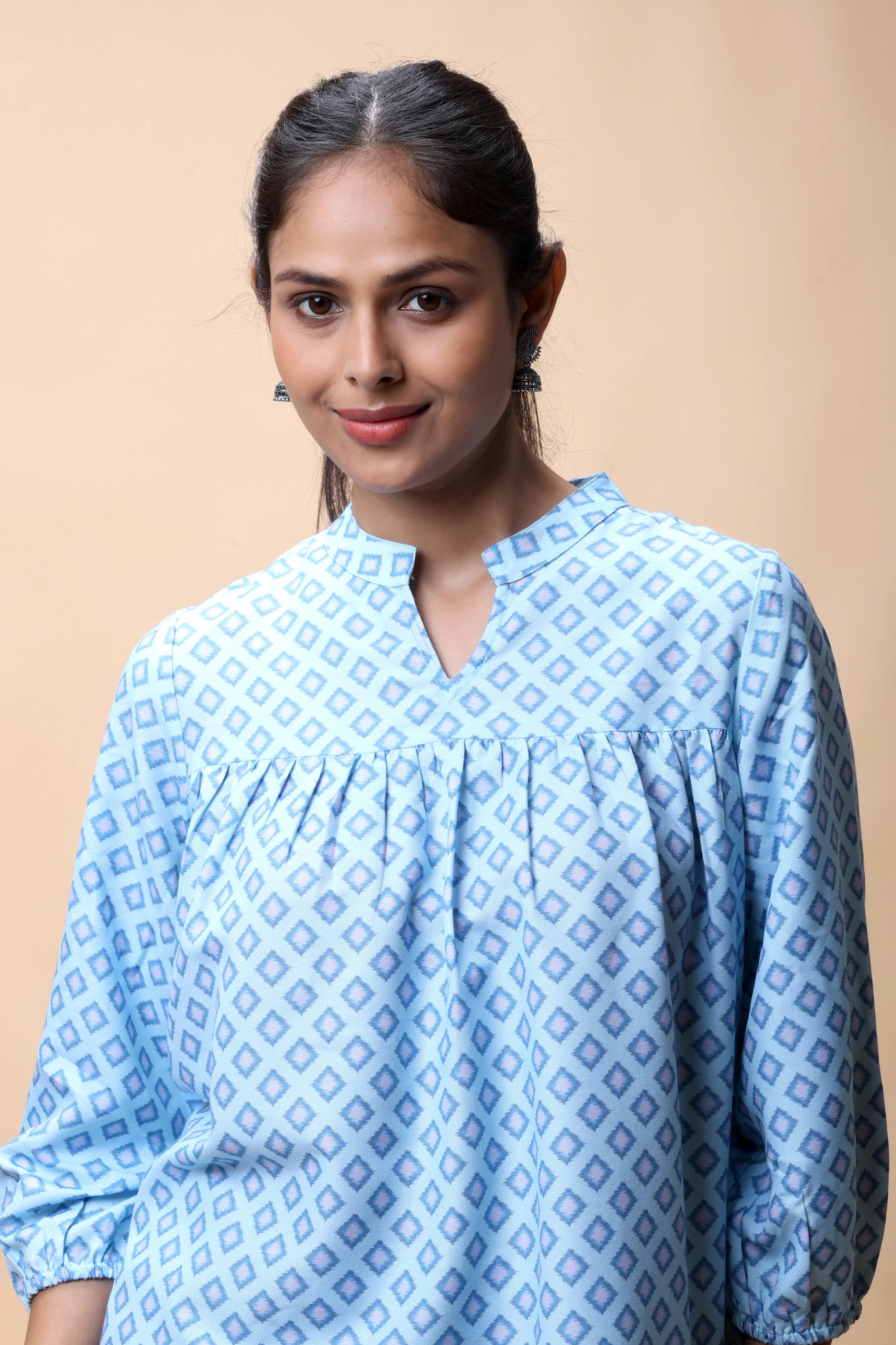 Shop Aqua Blue Empire Line Printed Short Kurti For Women online at allthere.in