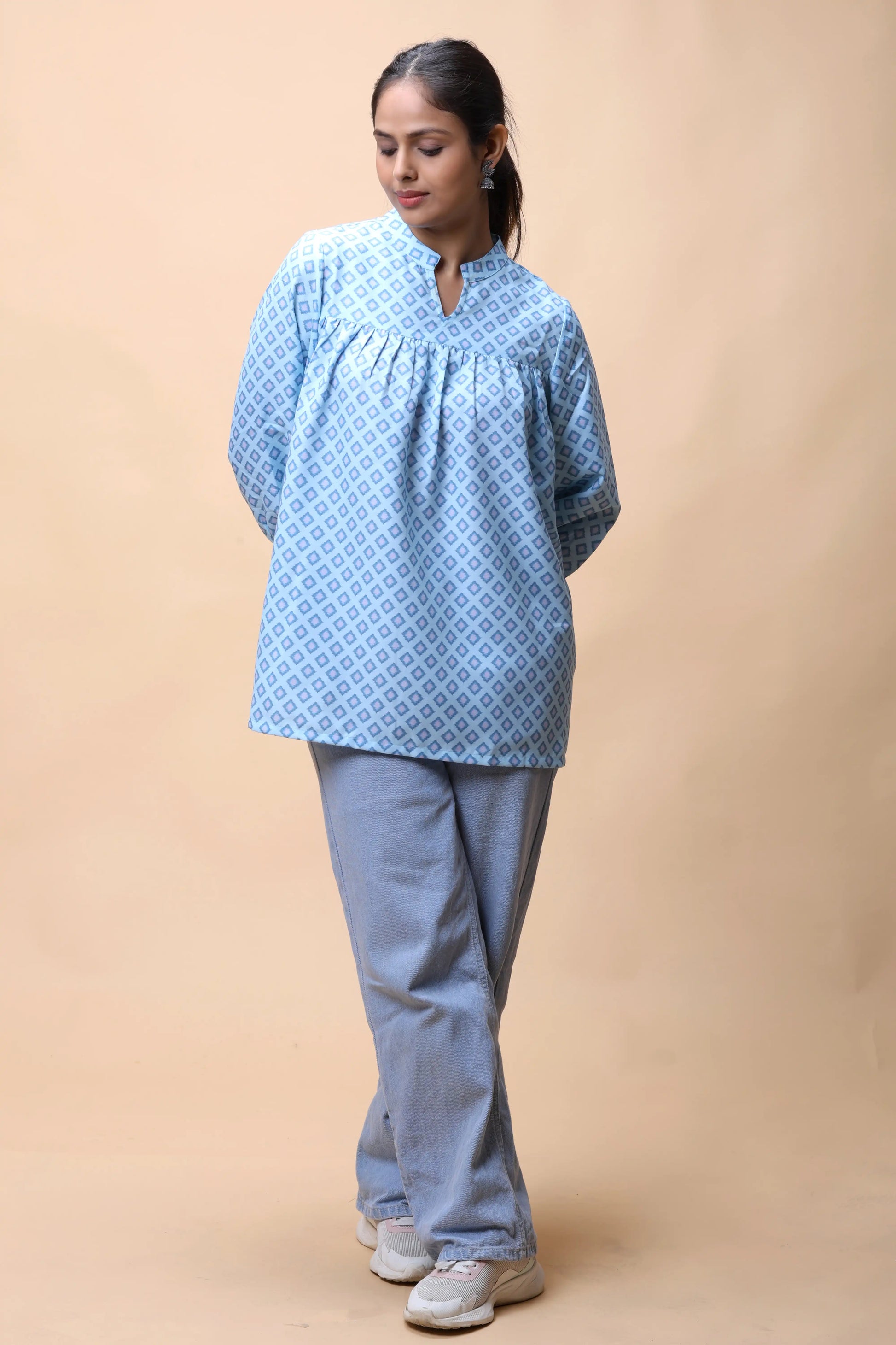 Shop Aqua Blue short kurti for jeans daily wear look