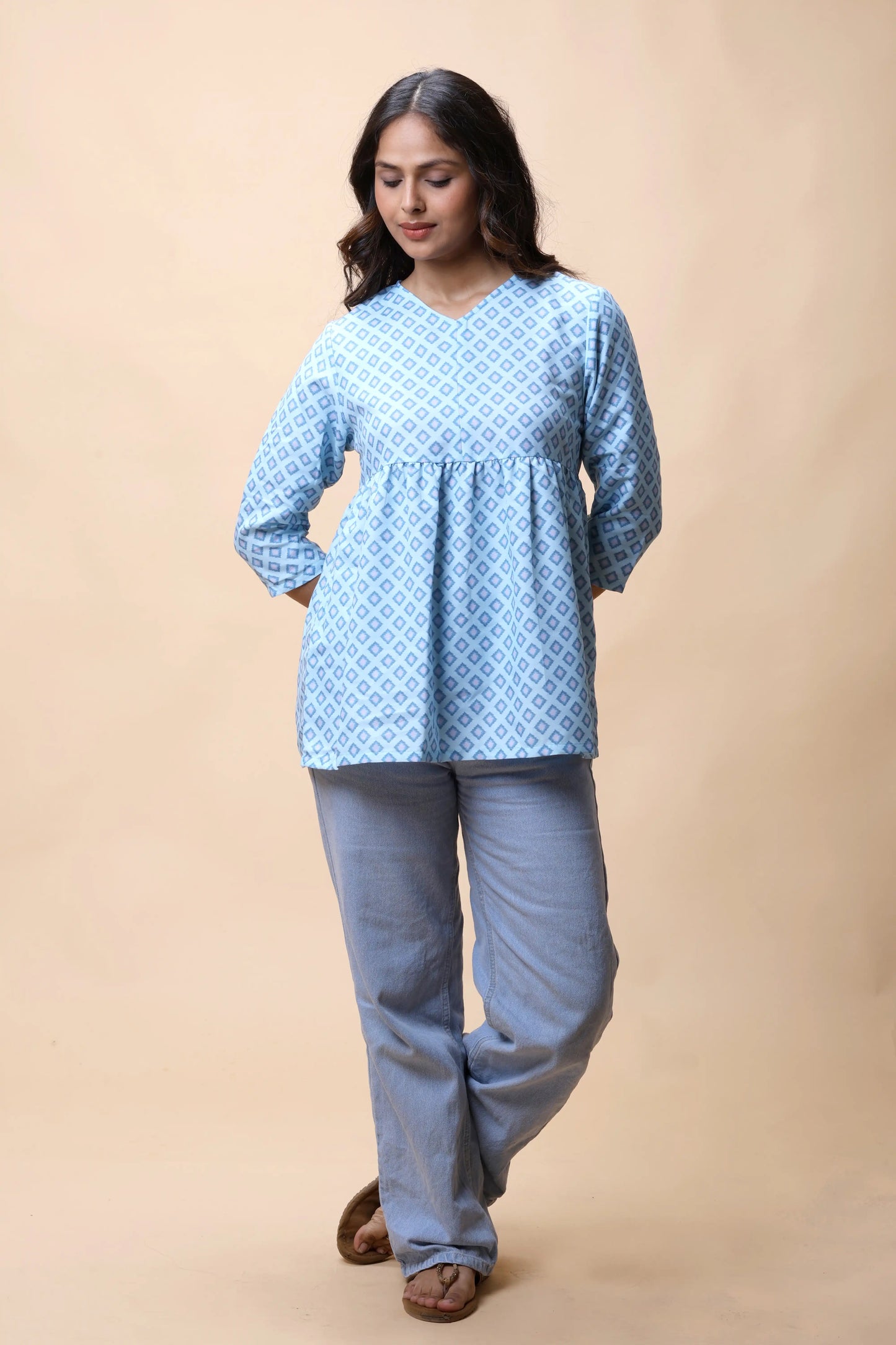 Shop Aqua Blue Ikkat Print Peplum Short Kurti For Women online at allthere.in