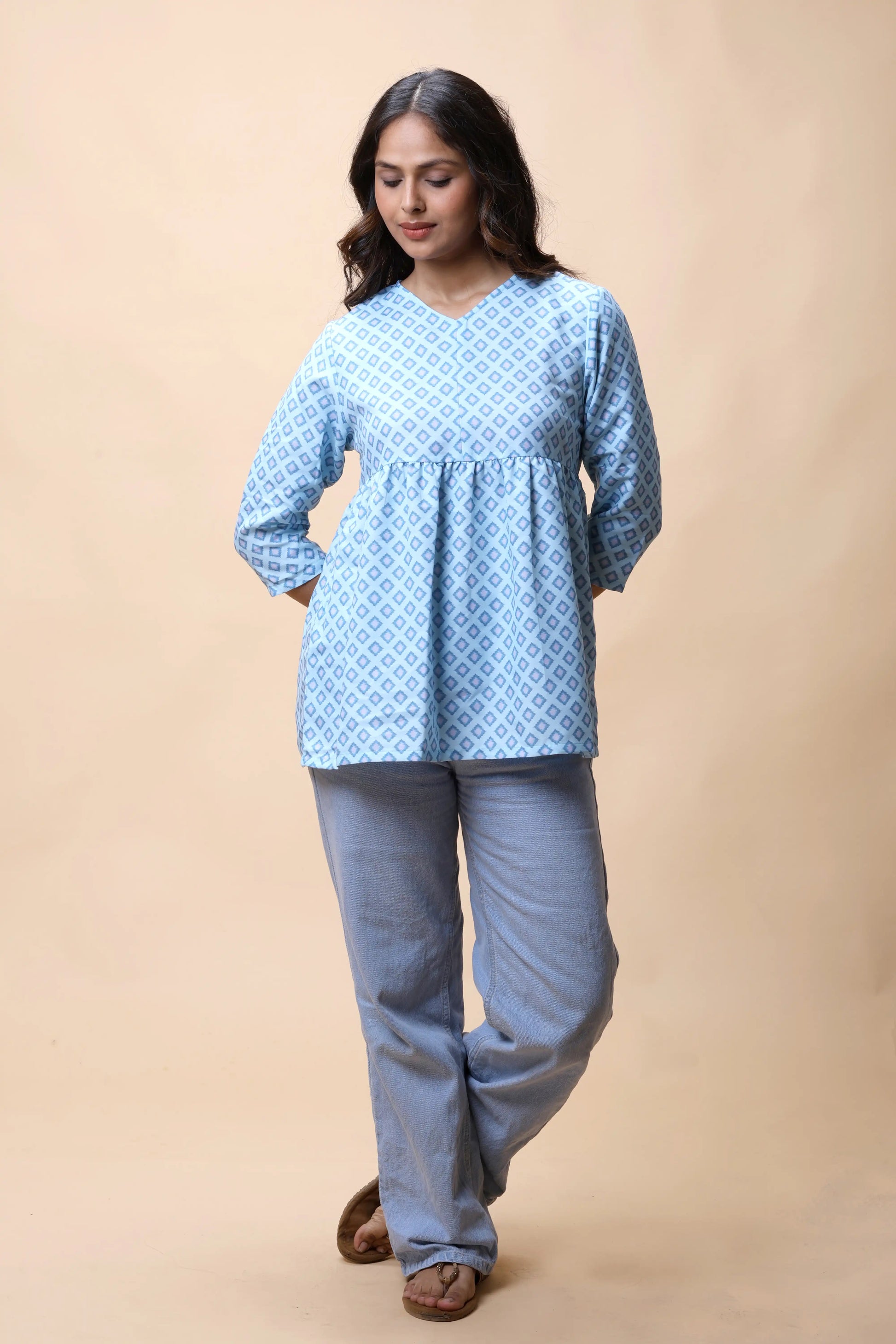Shop Aqua Blue Ikkat Print Peplum Short Kurti For Women online at allthere.in