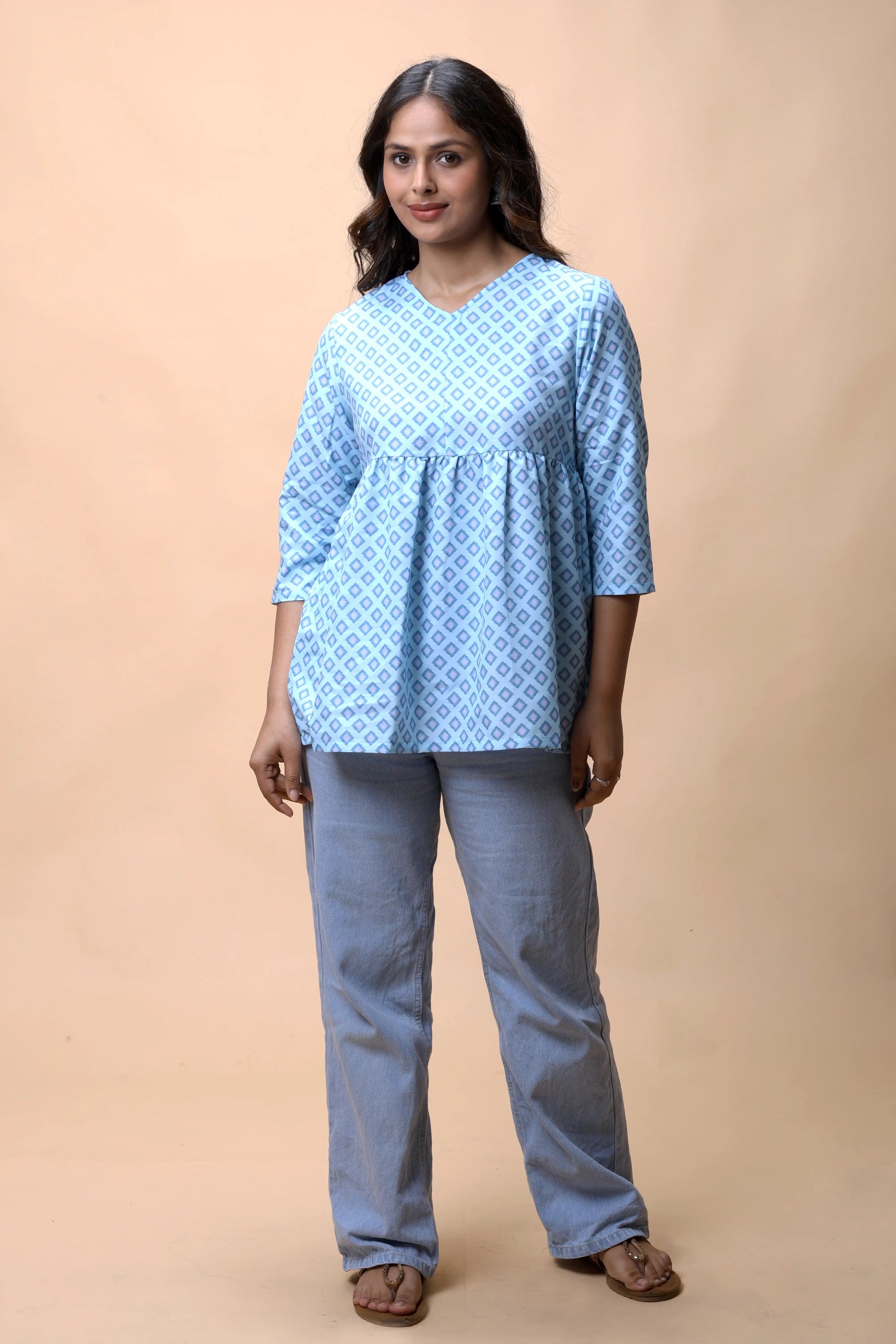 Shop Aqua Blue Ikkat Print Peplum Short Kurti For Women online at allthere.in