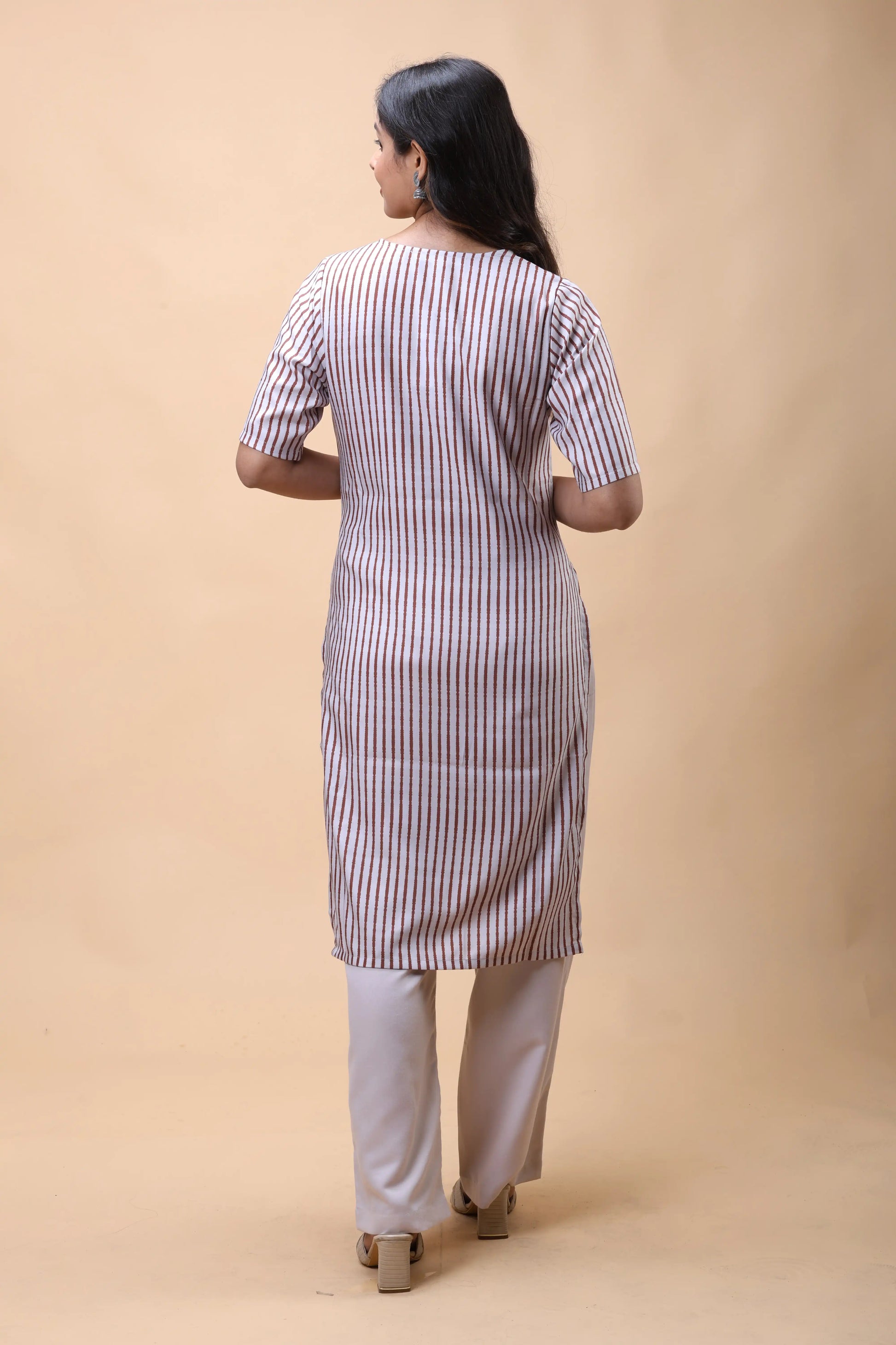 Shop Brown Long Kurta With Notch Neckline And Beige Pants For Women online at allthere.in