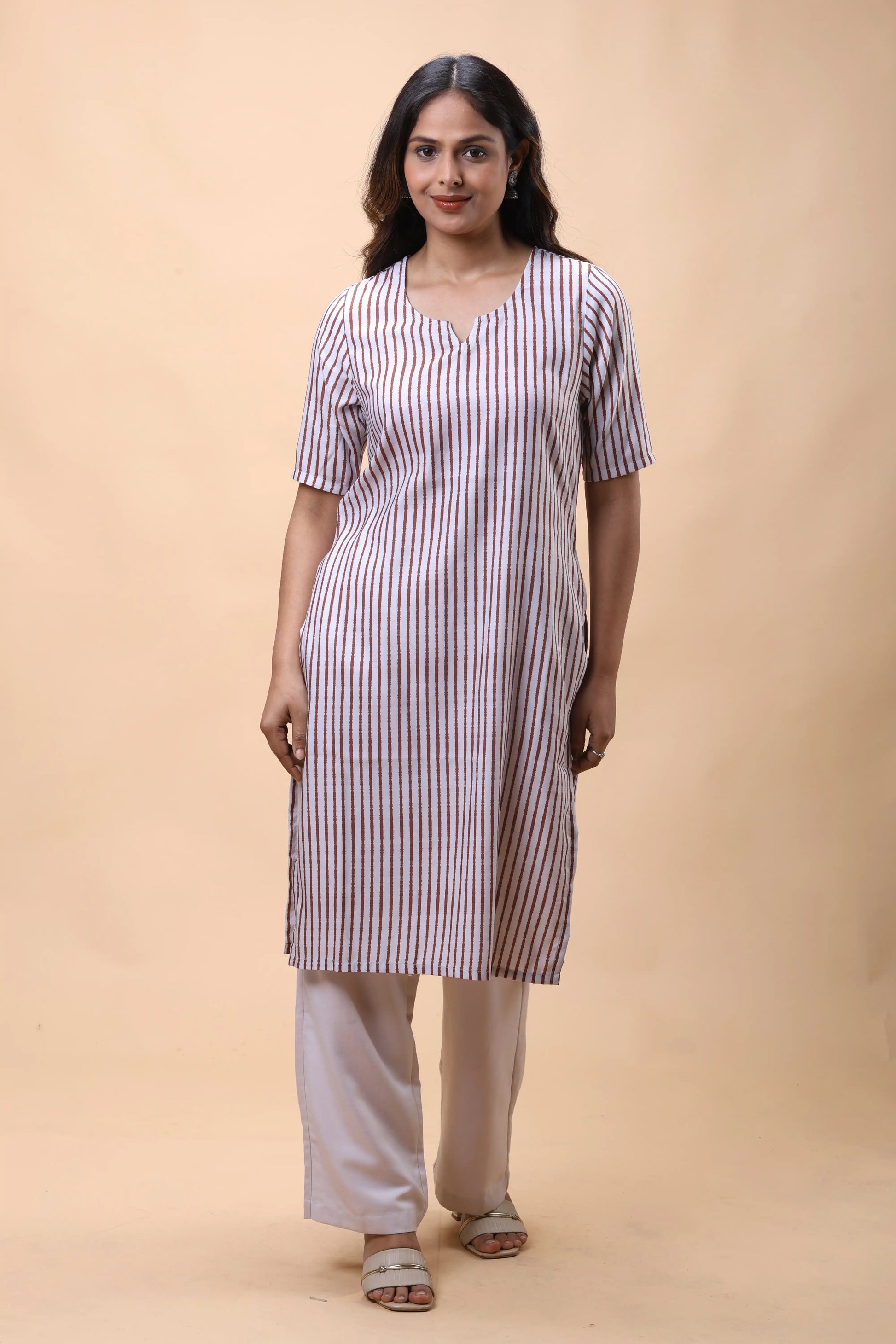 Shop Brown Long Kurta With Notch Neckline And Beige Pants For Women online at allthere.in
