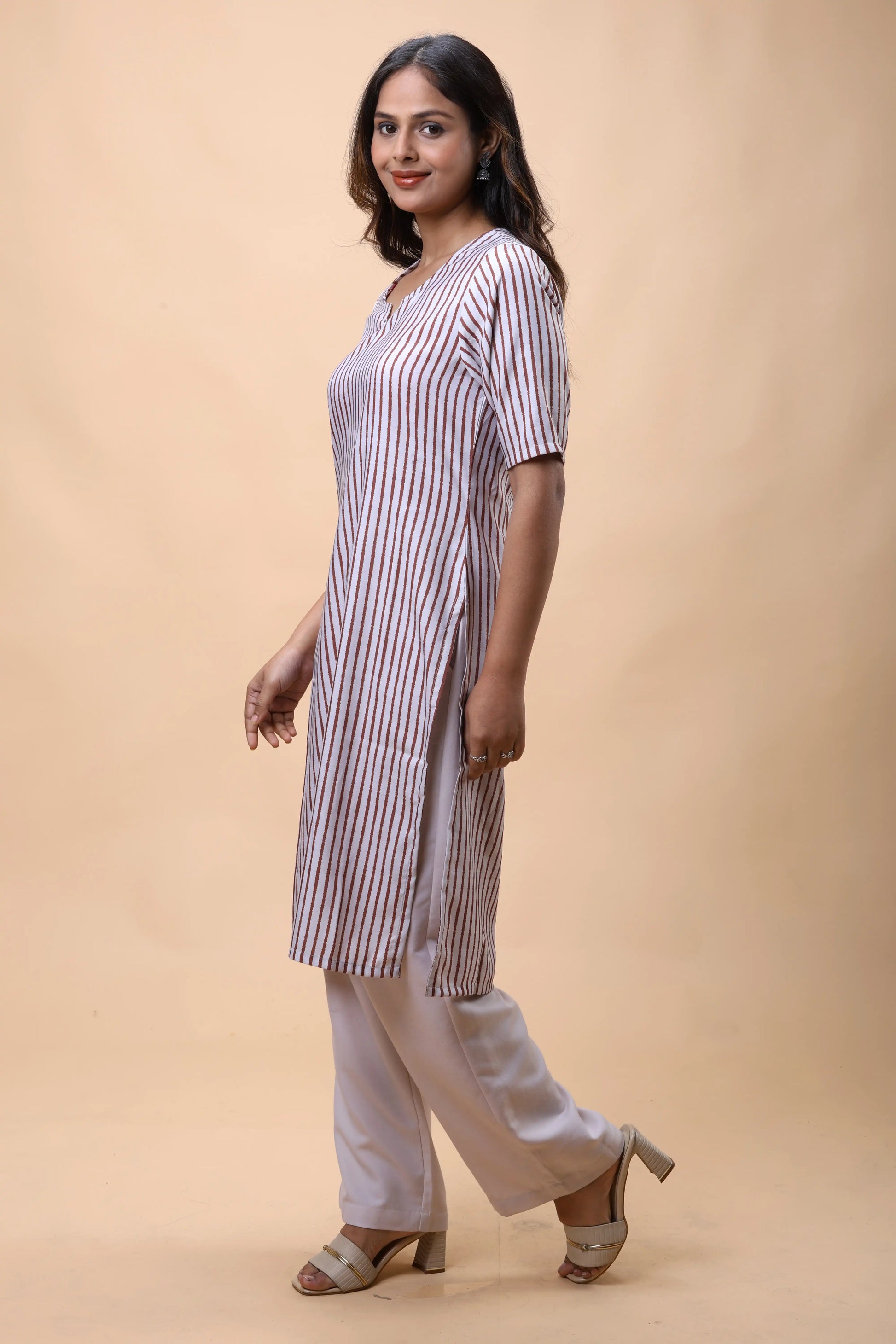Shop Brown Long Kurta With Notch Neckline And Beige Pants For Women online at allthere.in