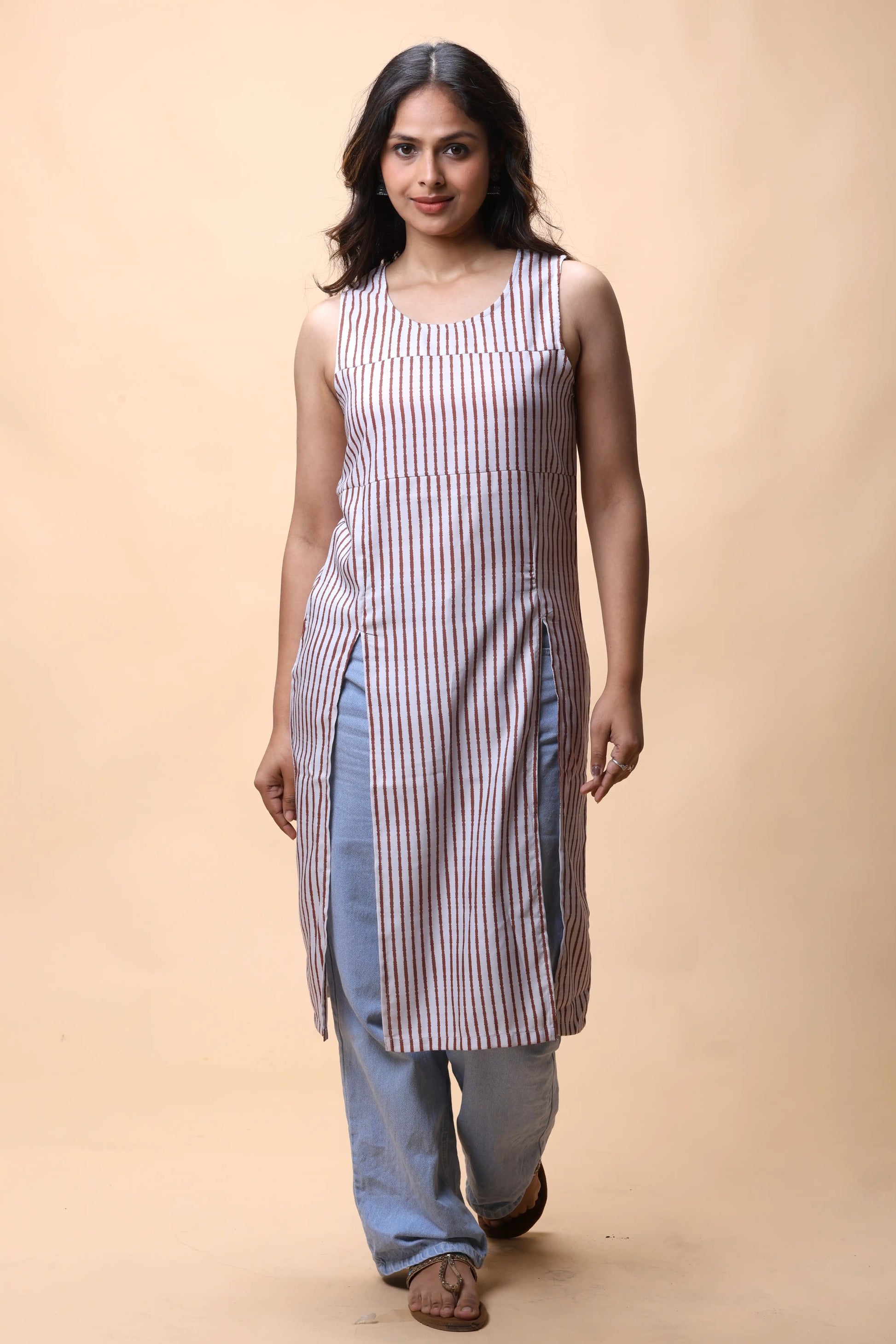 Shop Brown Printed 2 Slit Long Kurta For Women online at allthere.in