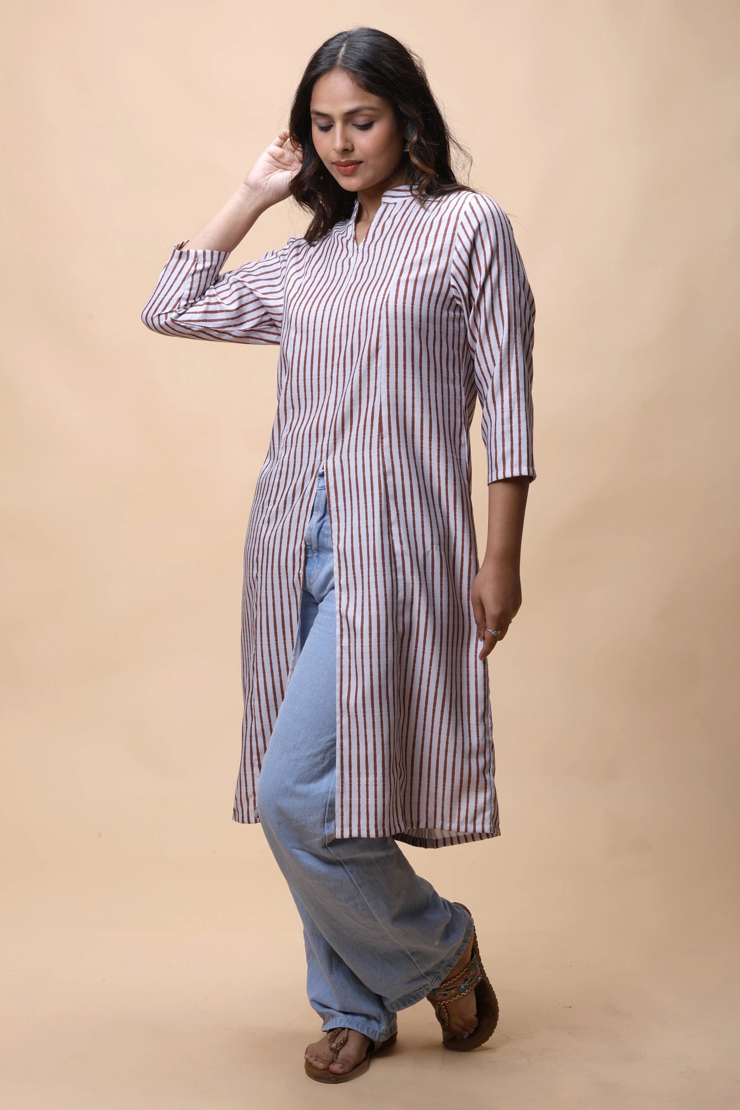 Shop Brown Printed Front Slit Long Kurta For Women online at allthere.in