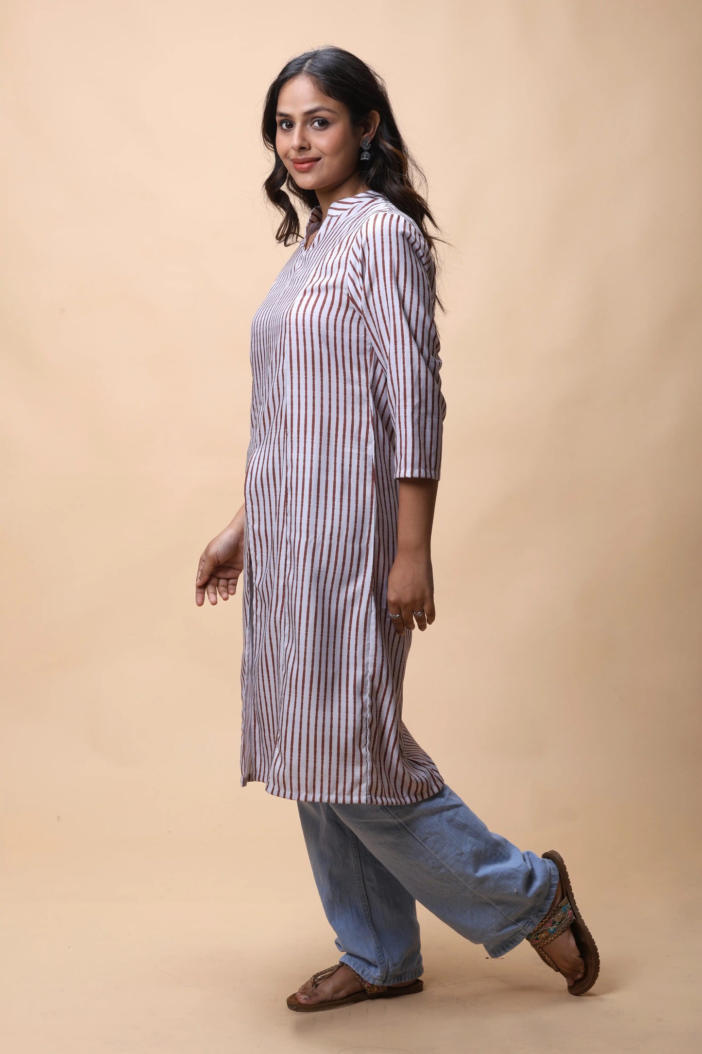 Shop Brown Printed Front Slit Long Kurta For Women online at allthere.in