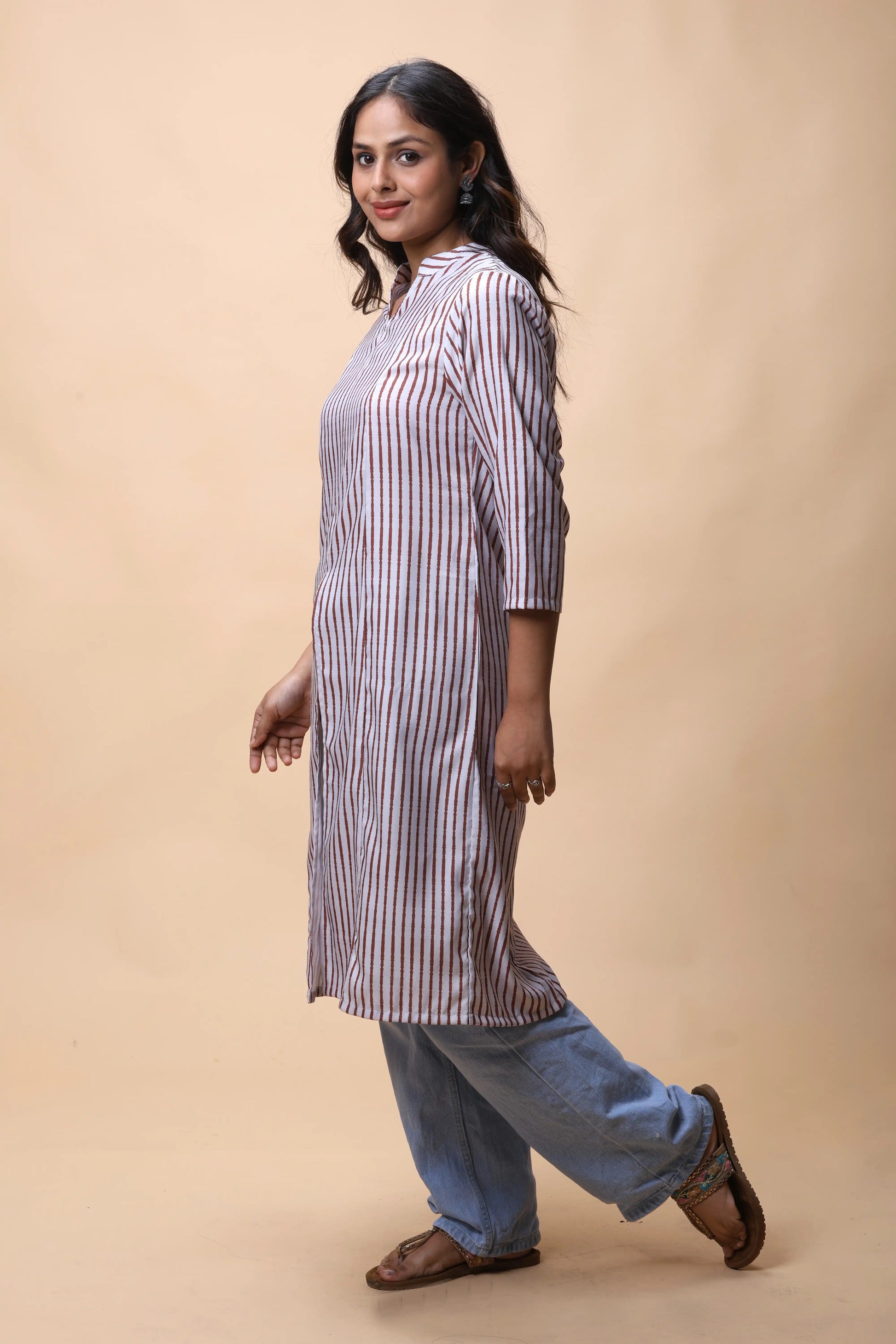 Shop Brown Printed Front Slit Long Kurta For Women online at allthere.in