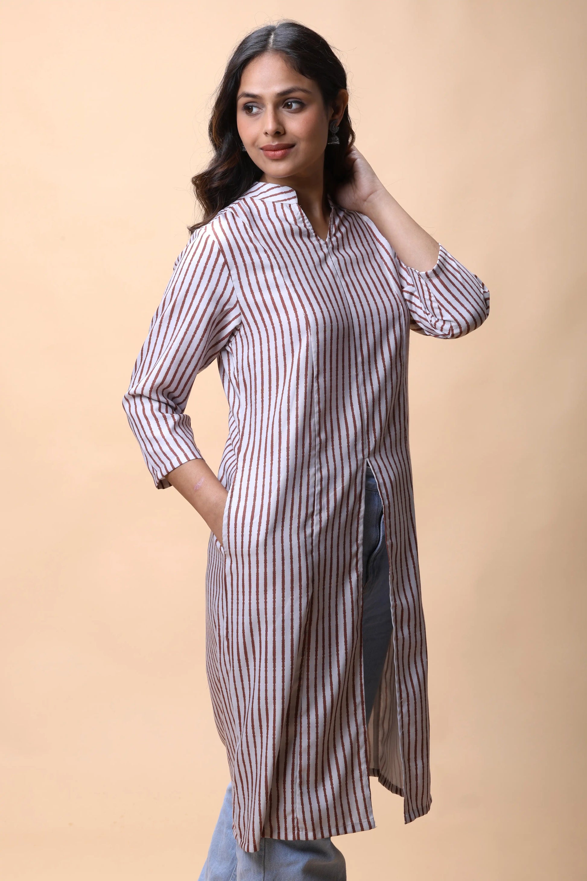 Shop Brown Printed Front Slit Long Kurta For Women online at allthere.in