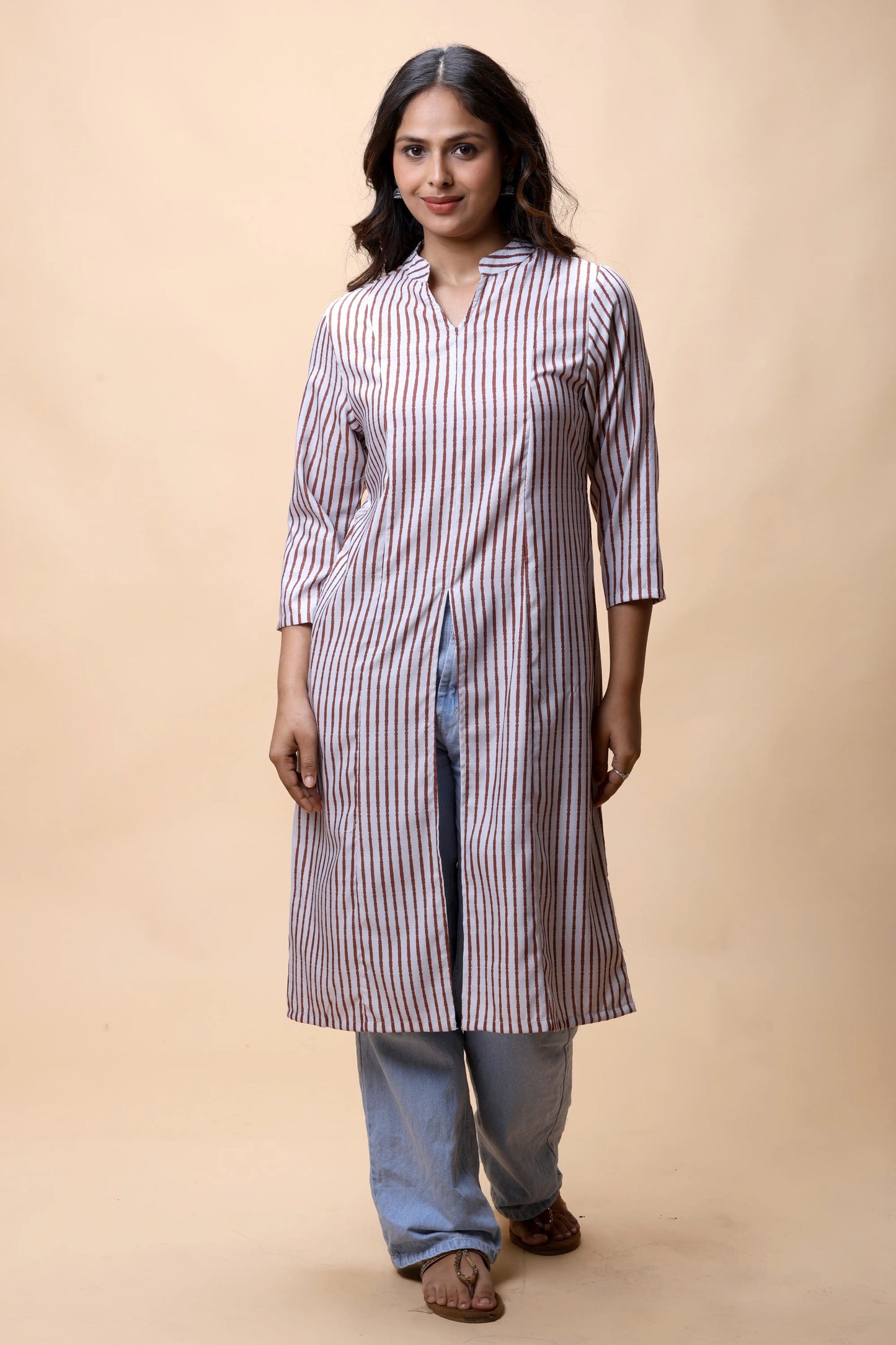 Shop Brown Printed Front Slit Long Kurta For Women online at allthere.in