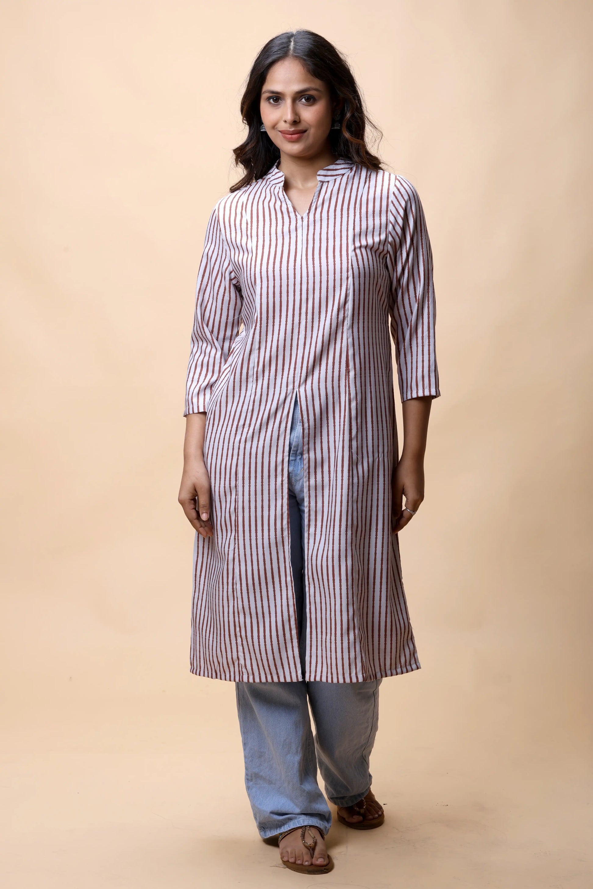 Shop Brown Printed Front Slit Long Kurta For Women online at allthere.in