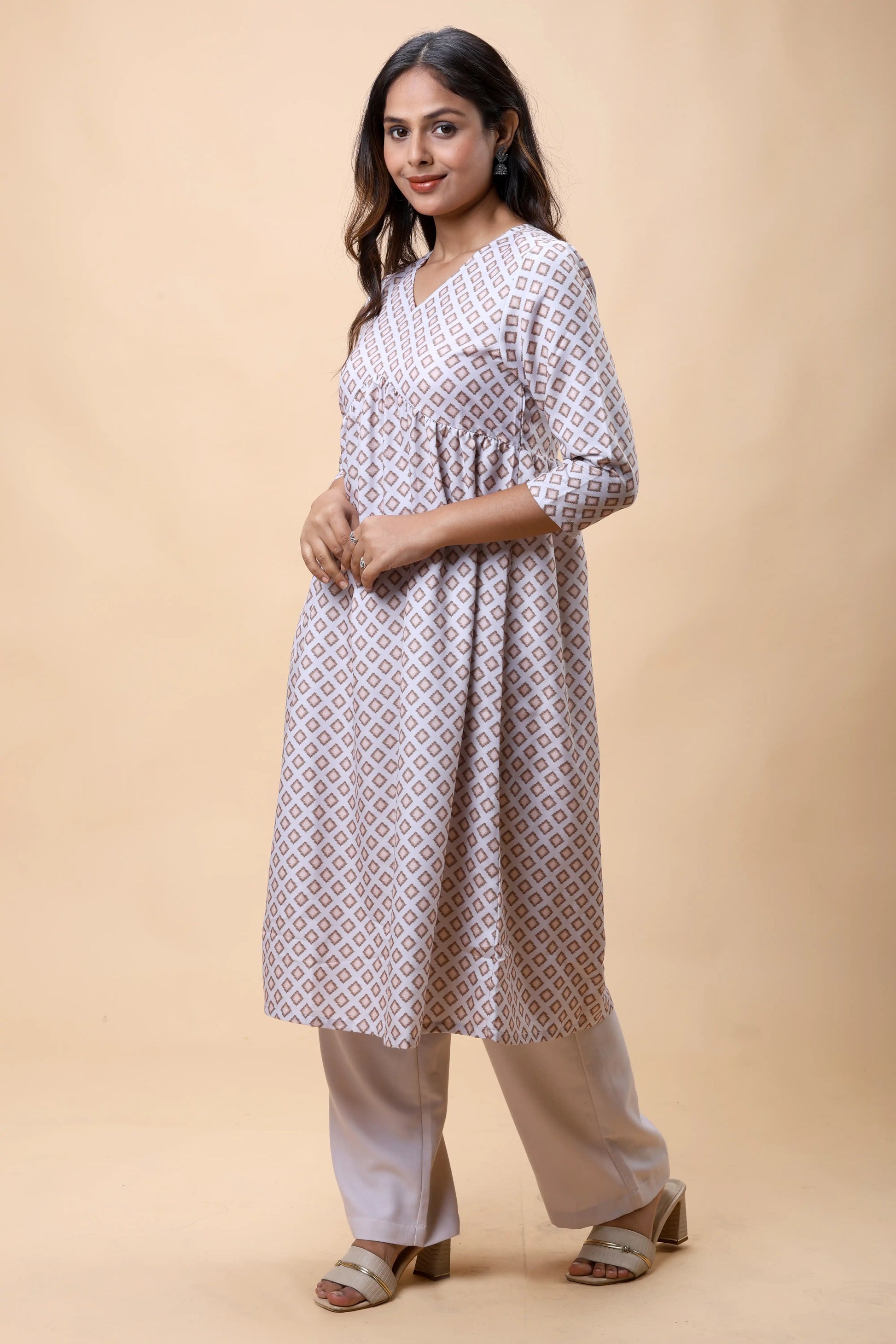 Shop Light Brown Empire Line Printed Women Long Kurta Set online at allthere.in