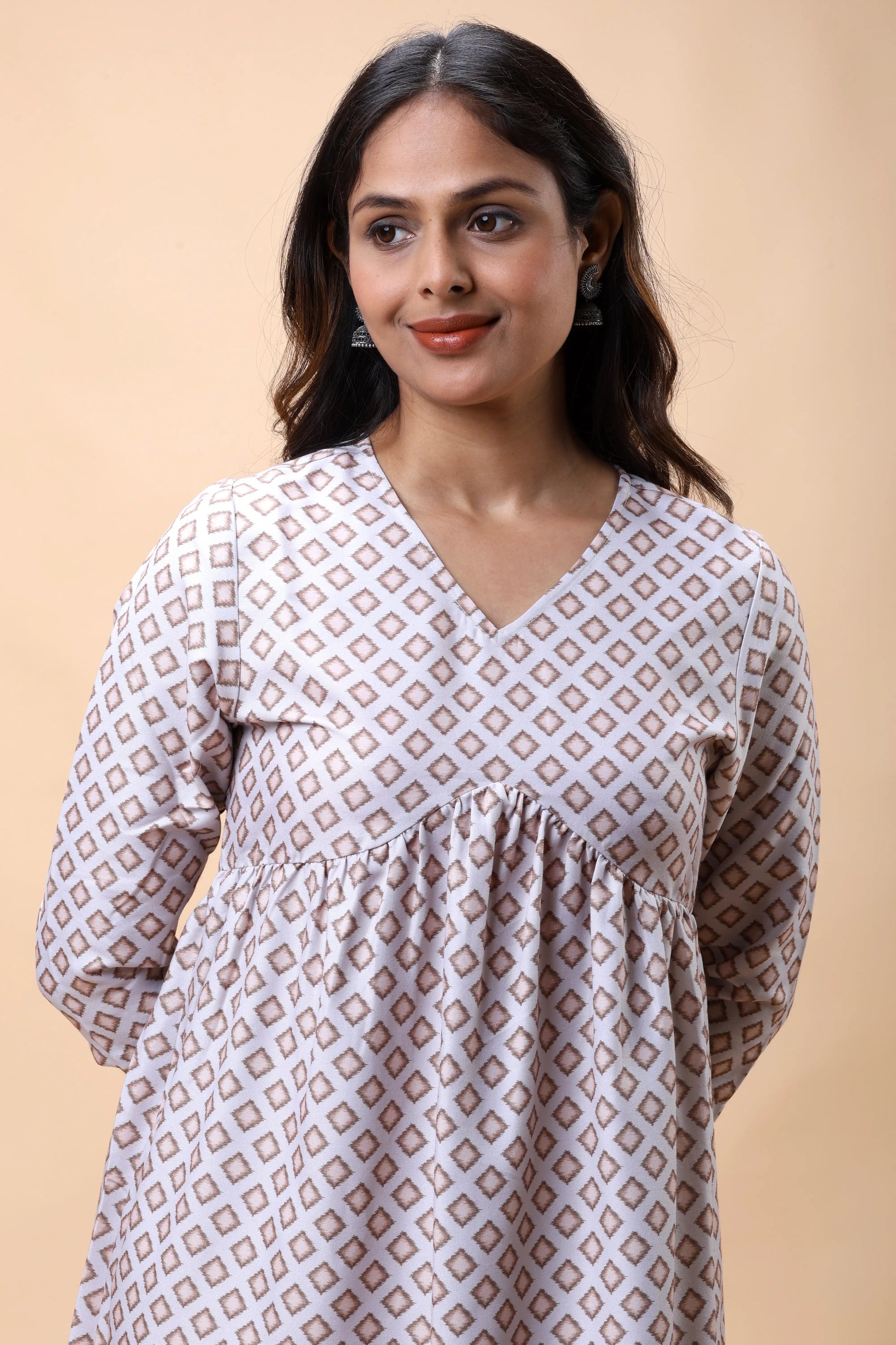 Shop Light Brown Empire Line Printed Women Long Kurta Set online at allthere.in