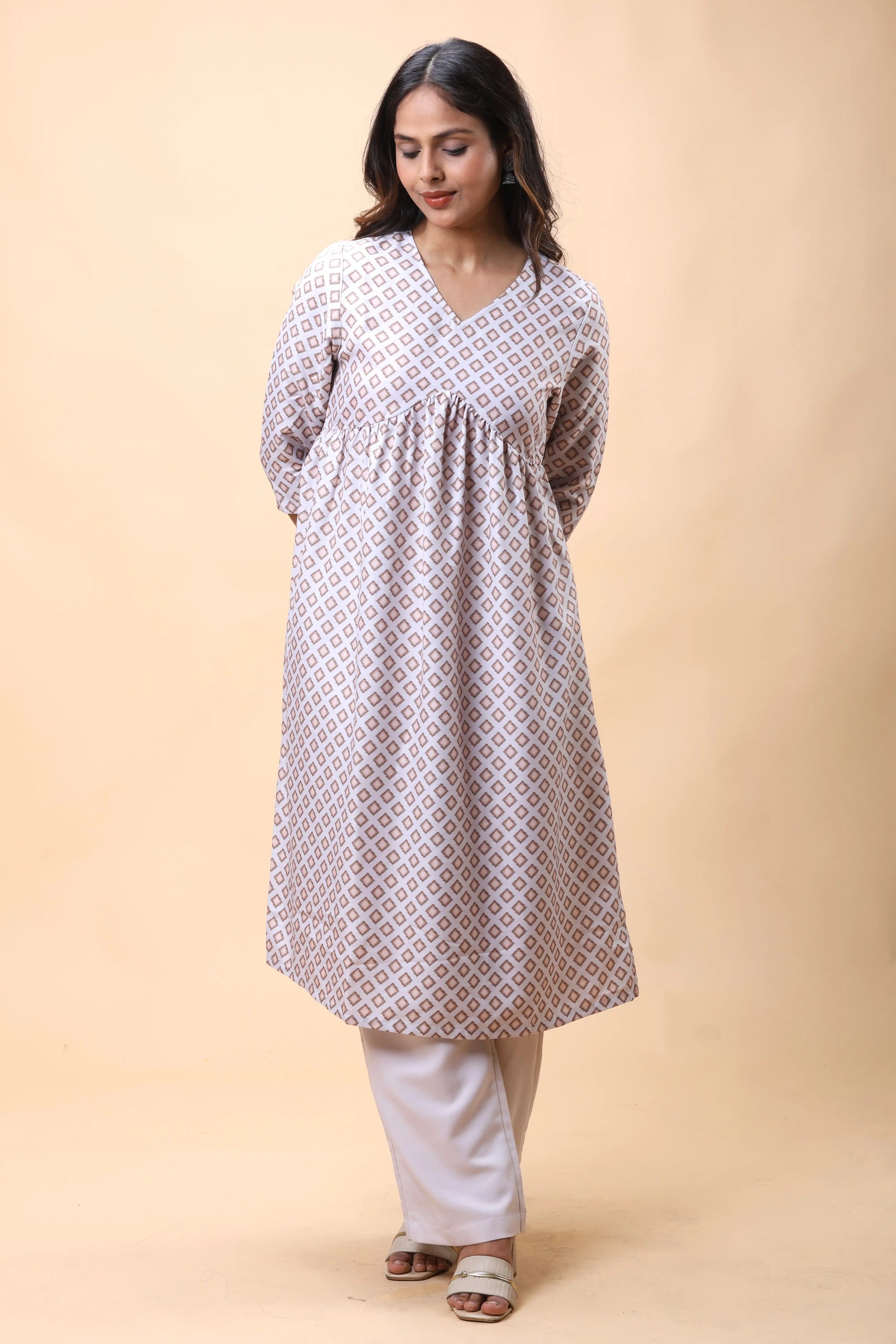 Shop Light Brown Empire Line Printed Women Long Kurta Set online at allthere.in