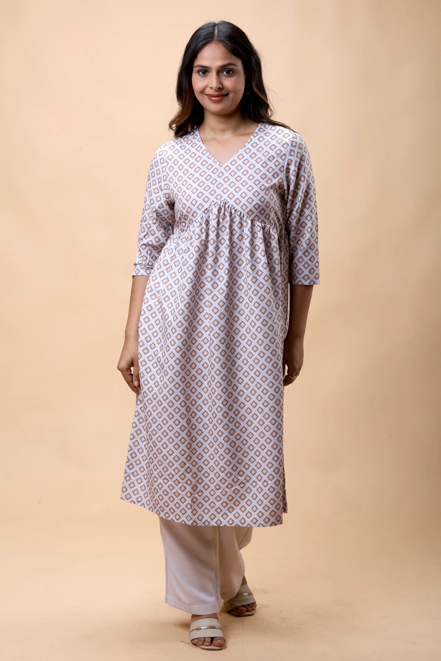 Shop Light Brown Empire Line Printed Women Long Kurta Set online at allthere.in