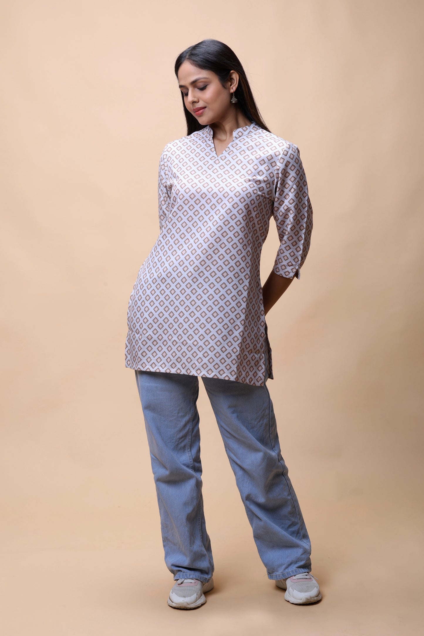 Shop All There Light Brown Printed Short Kurti With Stand Collar For Women