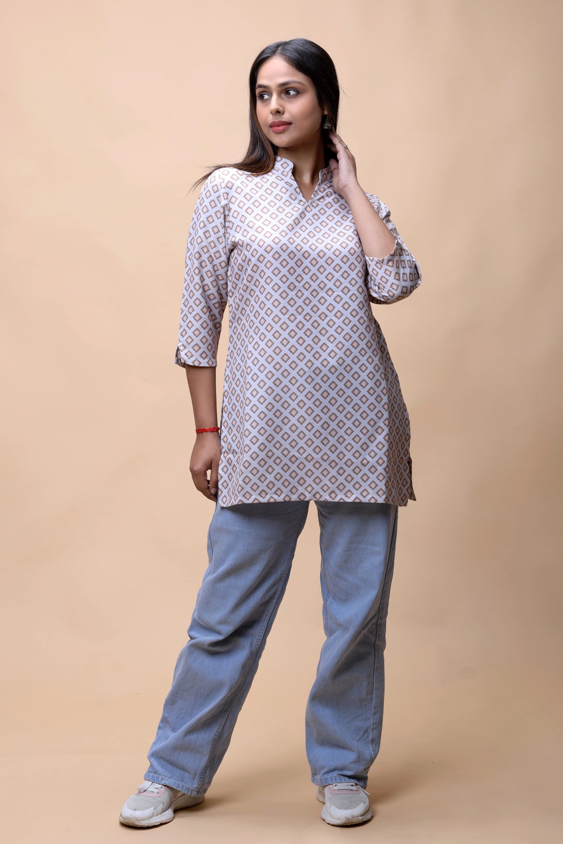 Shop All There Light Brown Printed Short Kurti With Stand Collar For Women
