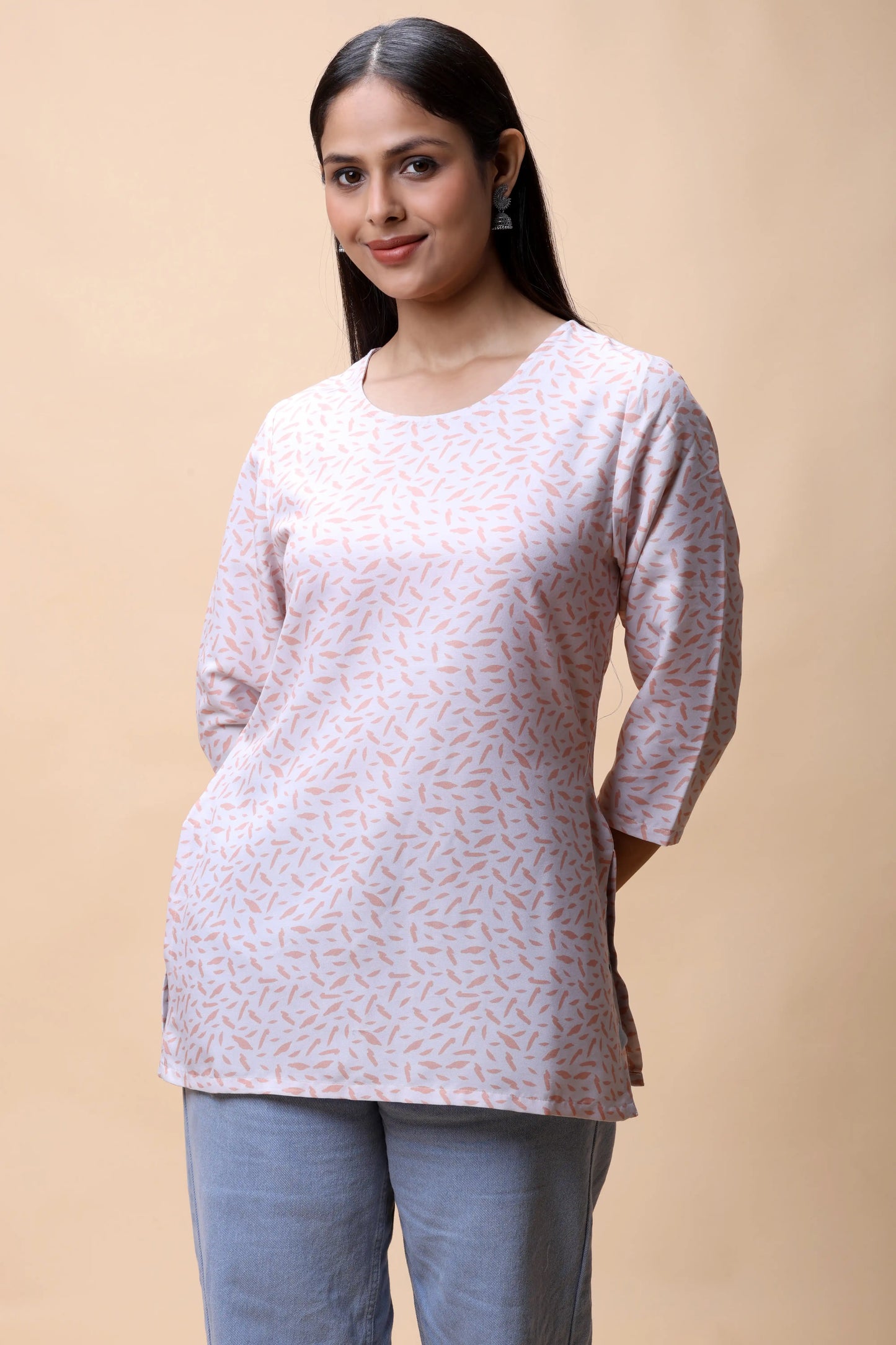 shop Peach Printed Basic Scoop Neck Short Kurti For Women online at allthere.in