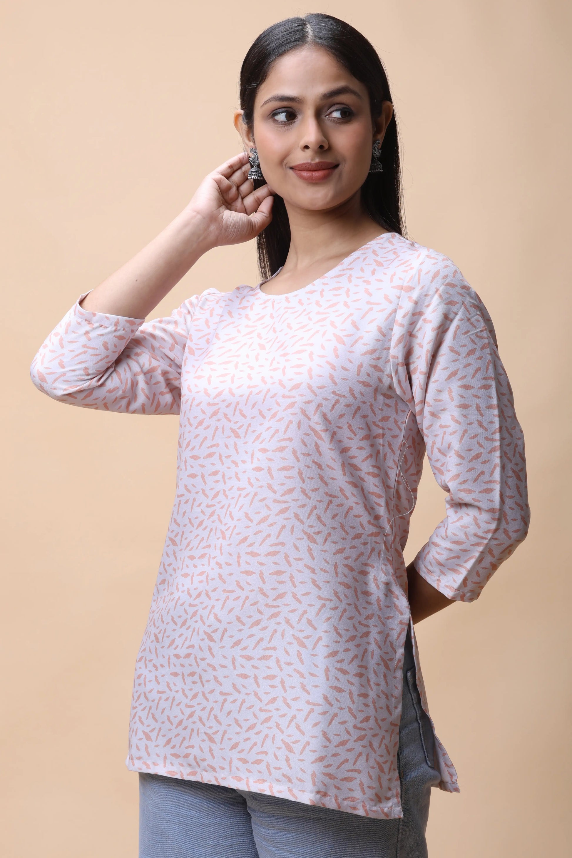 shop Peach Printed Basic Scoop Neck Short Kurti For Women online at allthere.in