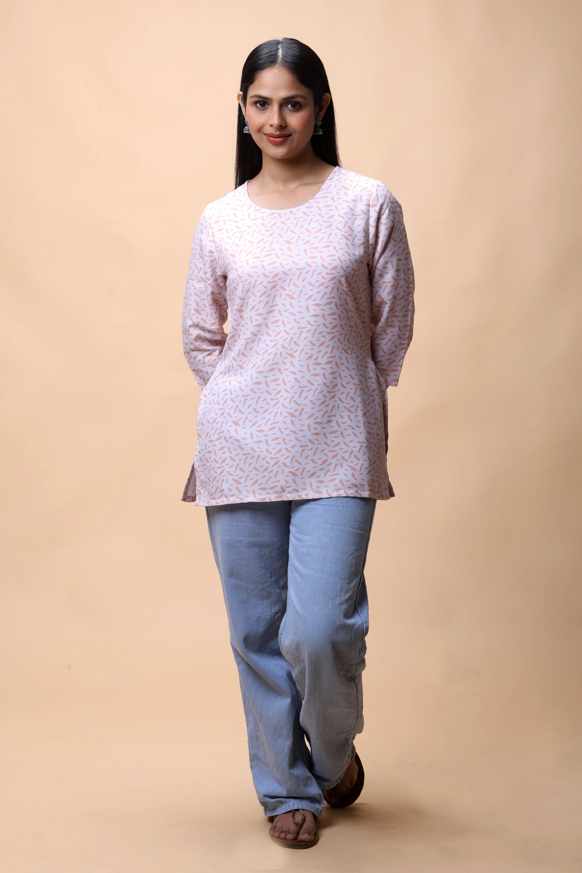 shop Peach Printed Basic Scoop Neck Short Kurti For Women online at allthere.in