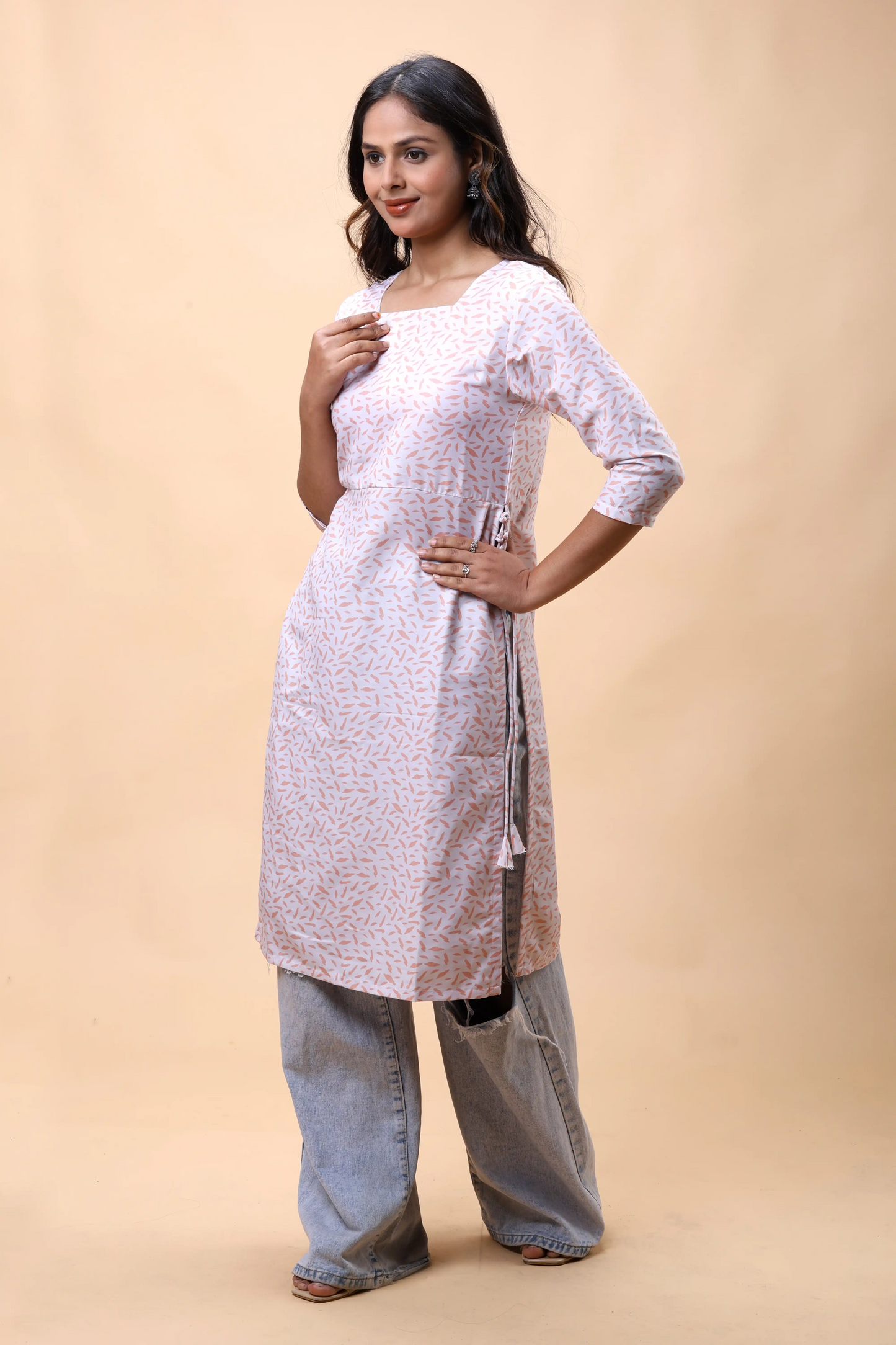 Shop Peach Printed Long Kurta With Drawstrings For Women online at allthere.in