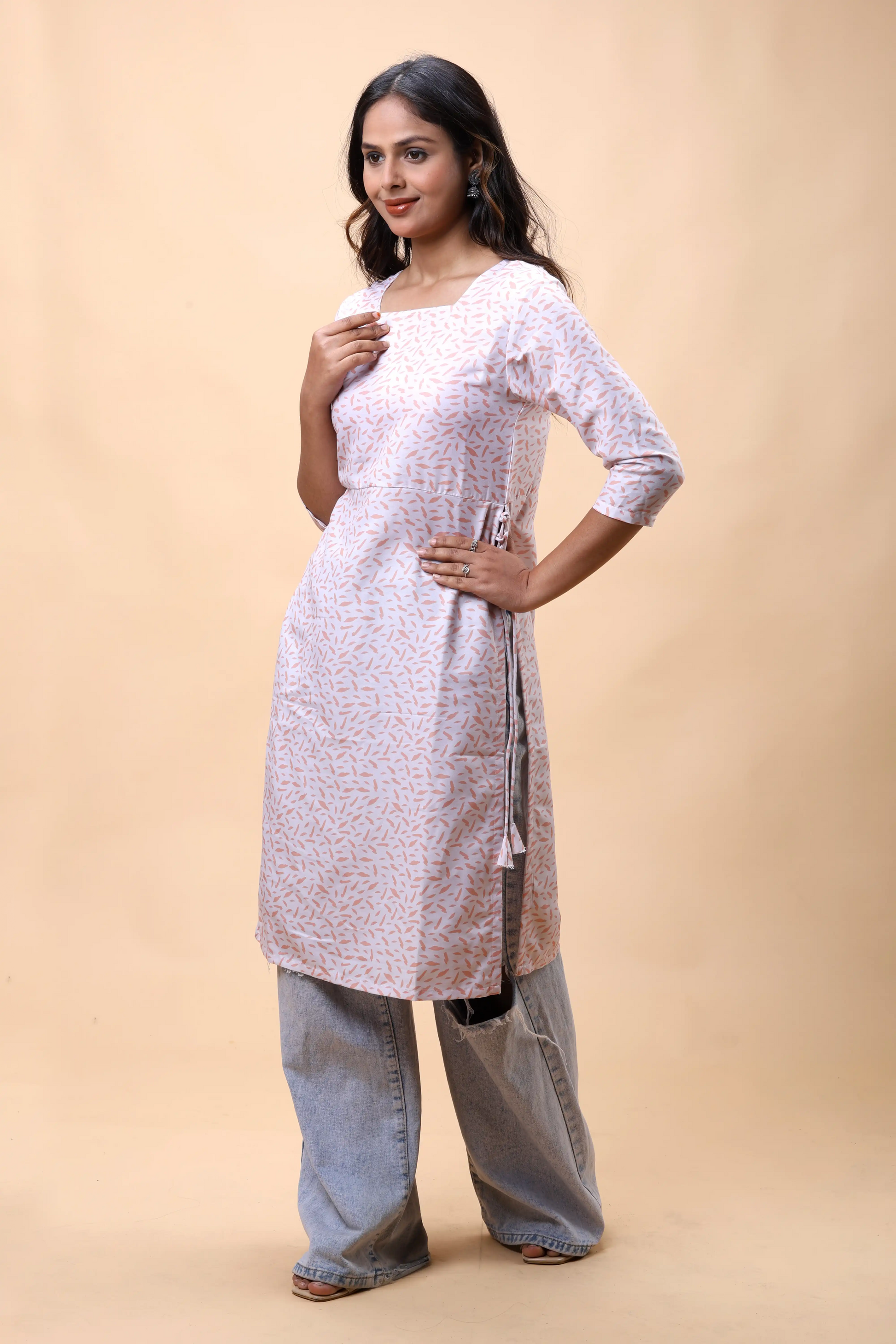 Shop Peach Printed Long Kurta With Drawstrings For Women online at allthere.in