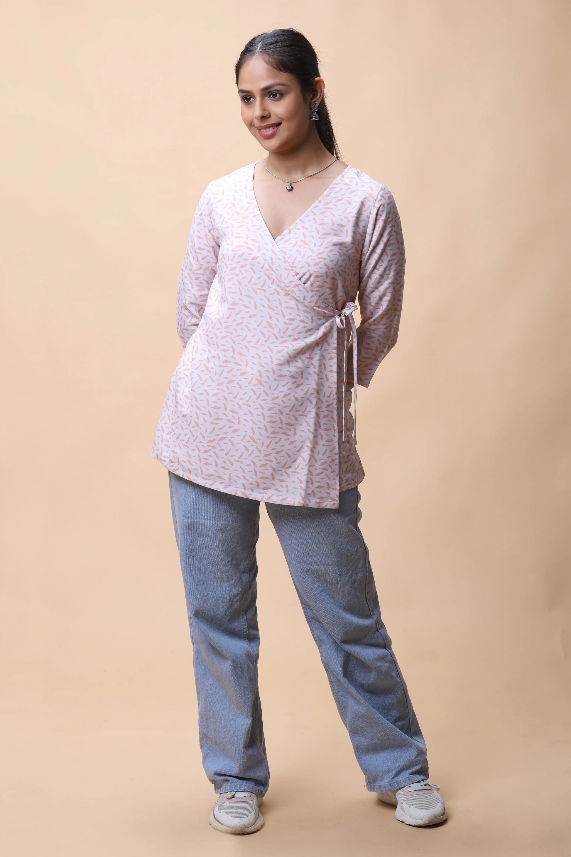 Shop All There Peach Wrap Around Printed Short Kurti For Women at allthere.in