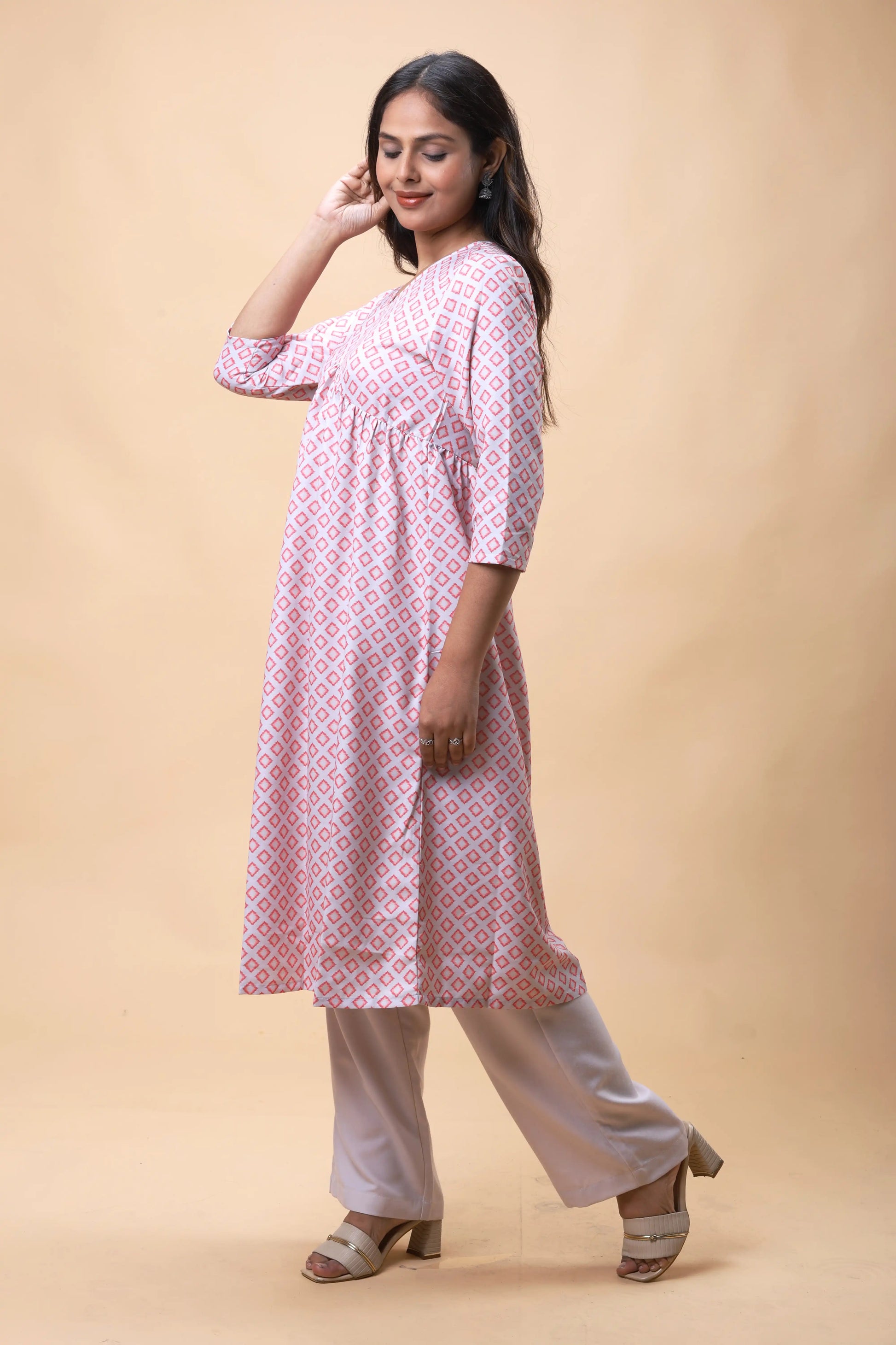 Shop Pink Empire Line Printed Women Long kurta With Pants online at allthere.in