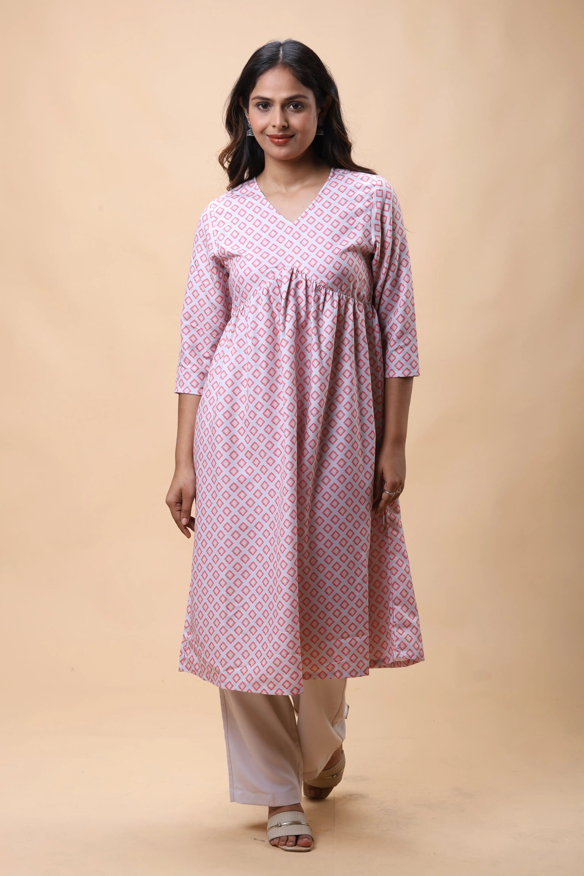 Shop Pink Empire Line Printed Women Long kurta With Pants online at allthere.in
