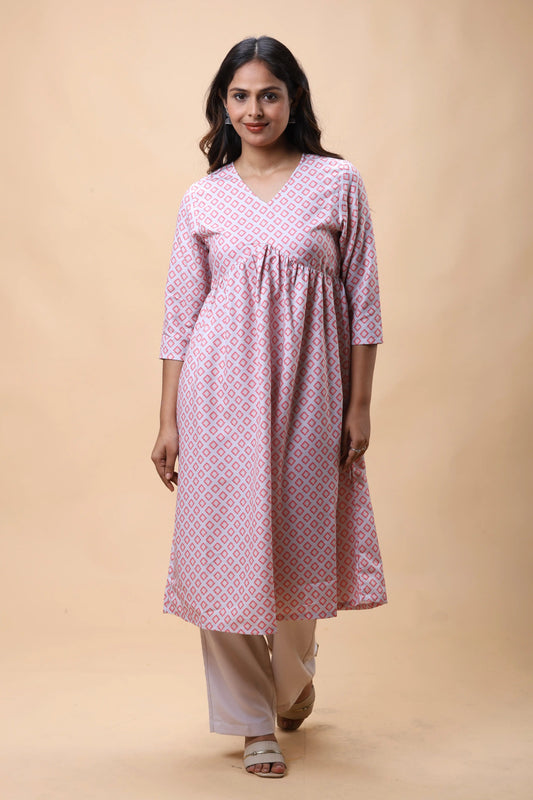 Shop Pink Empire Line Printed Women Long kurta With Pants online at allthere.in