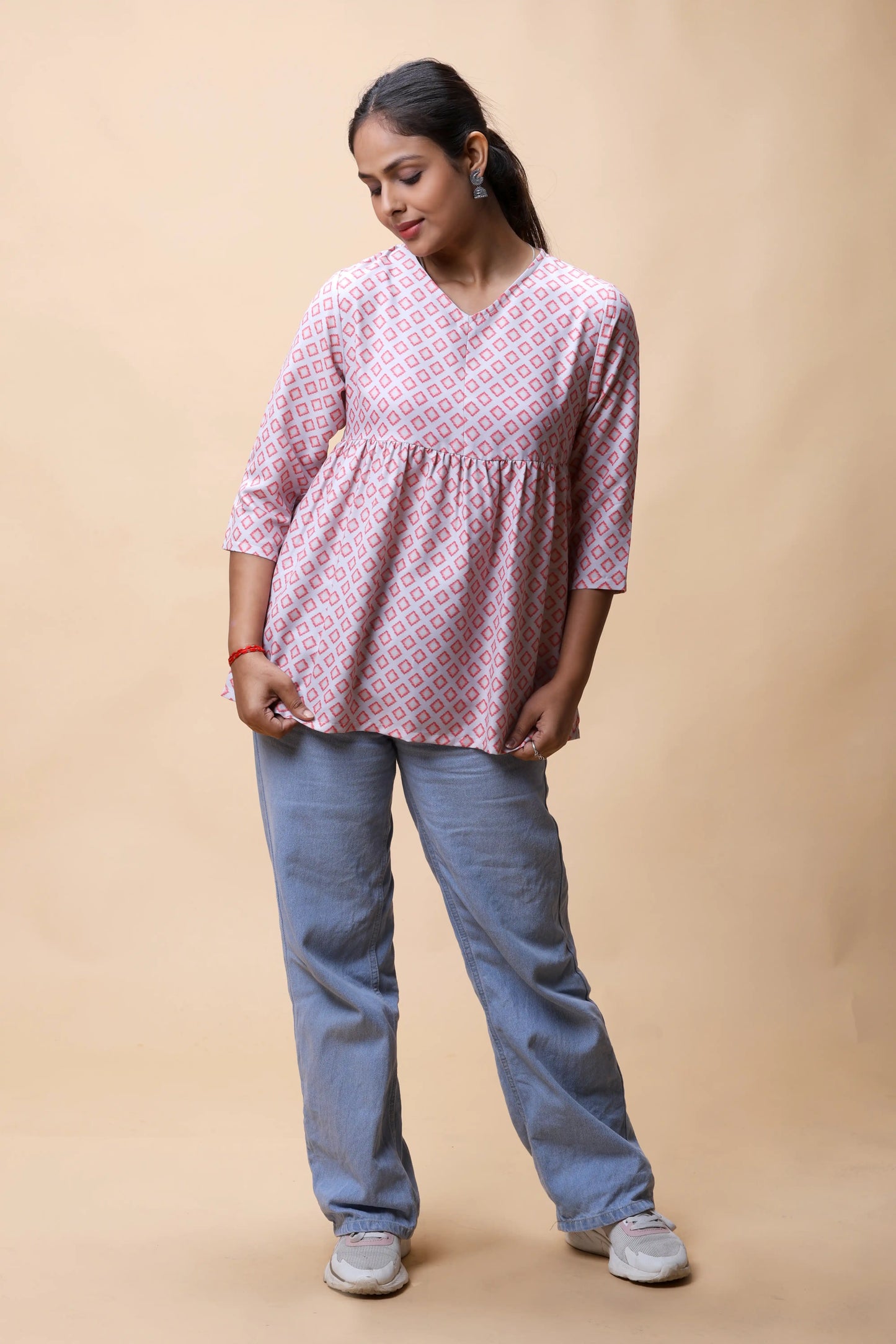 Shop Pink Ikkat Print Peplum Short Kurti For Women online at allthere.in